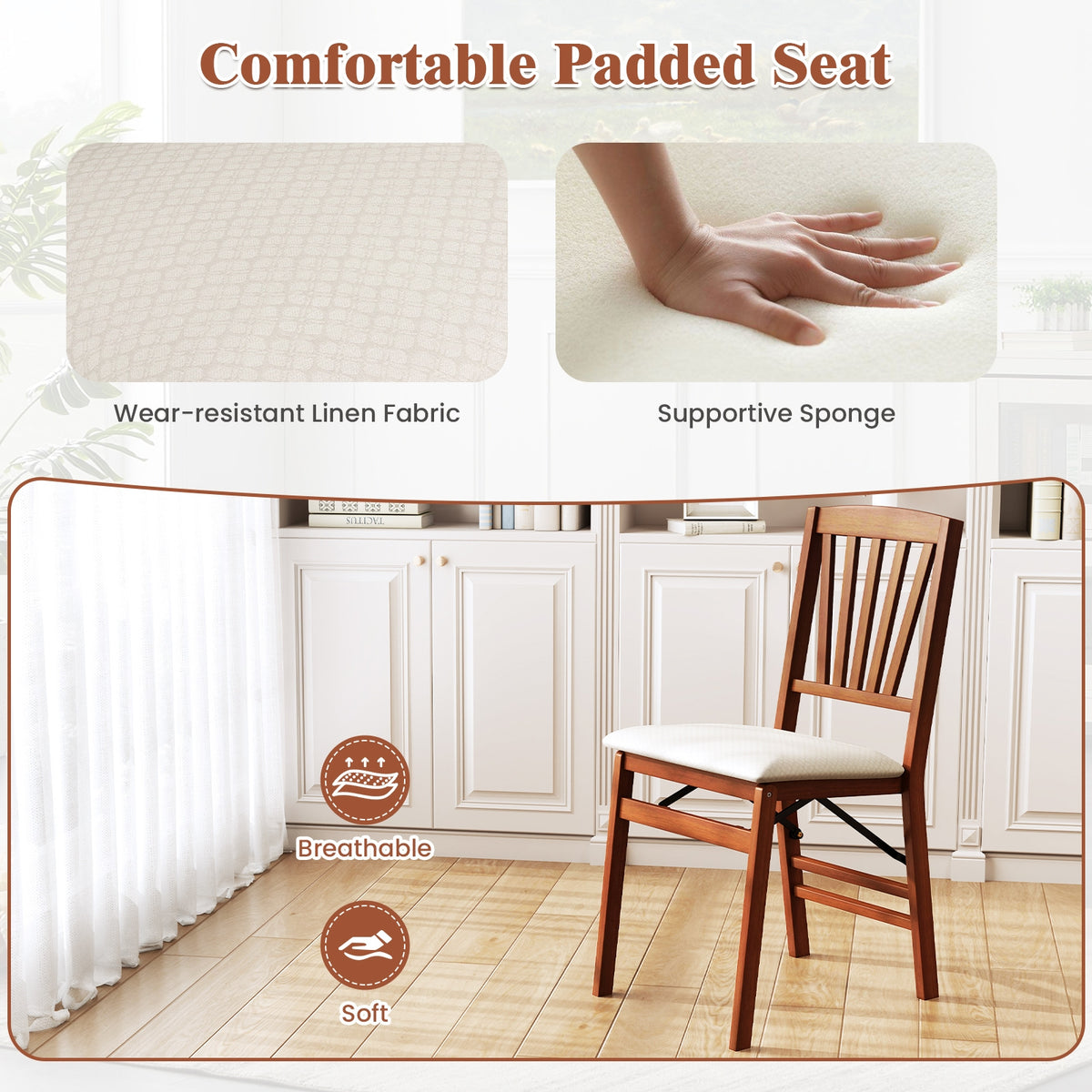Folding Dining Chairs Set of 2 with Padded Seat and Rubber Wood Frame-B-Dining Chairs-DECOROLALA