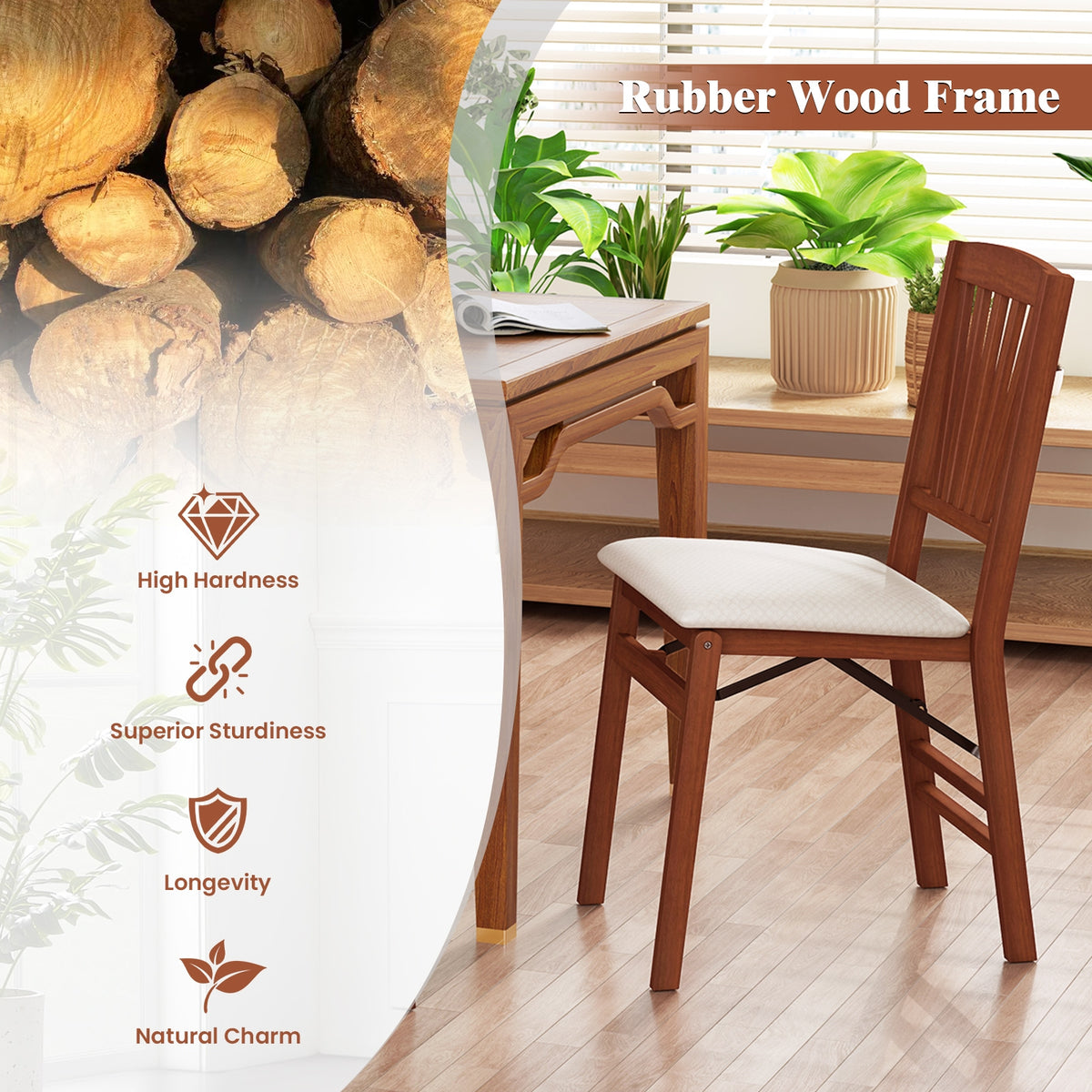 Folding Dining Chairs Set of 2 with Padded Seat and Rubber Wood Frame-B-Dining Chairs-DECOROLALA