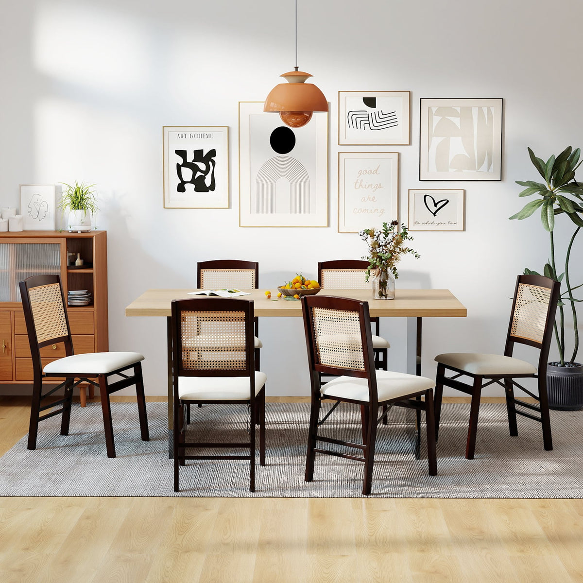 Folding Dining Chairs Set of 4 Rubber Wood Chairs with Linen Padded Seat-Coffee-Dining Chairs-DECOROLALA