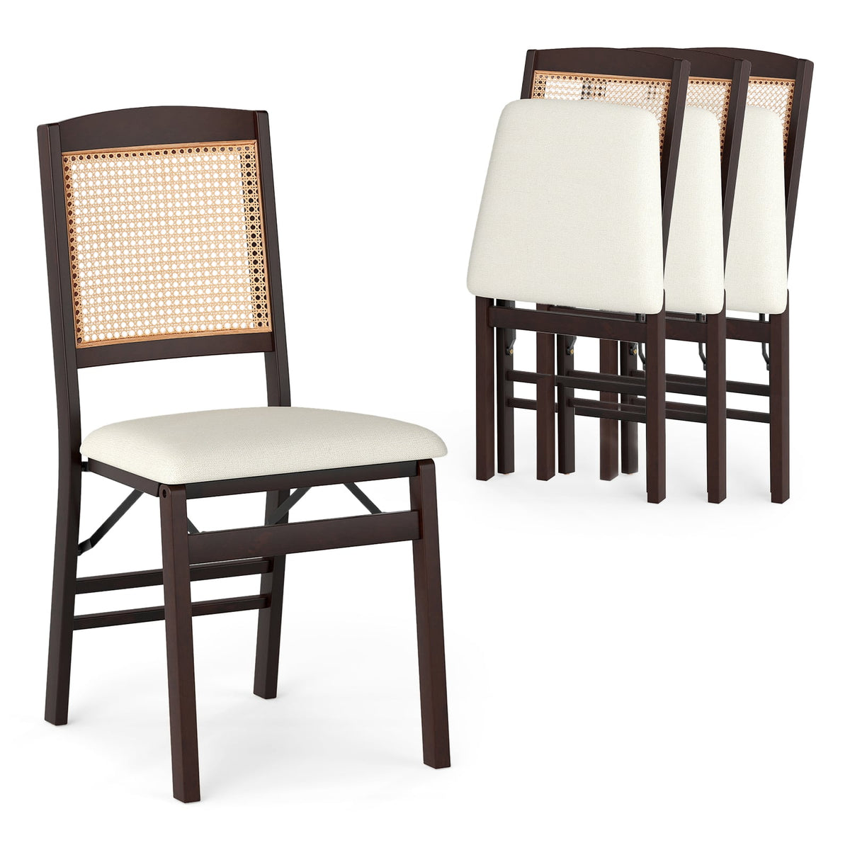 Folding Dining Chairs Set of 4 Rubber Wood Chairs with Linen Padded Seat-Coffee-Dining Chairs-DECOROLALA