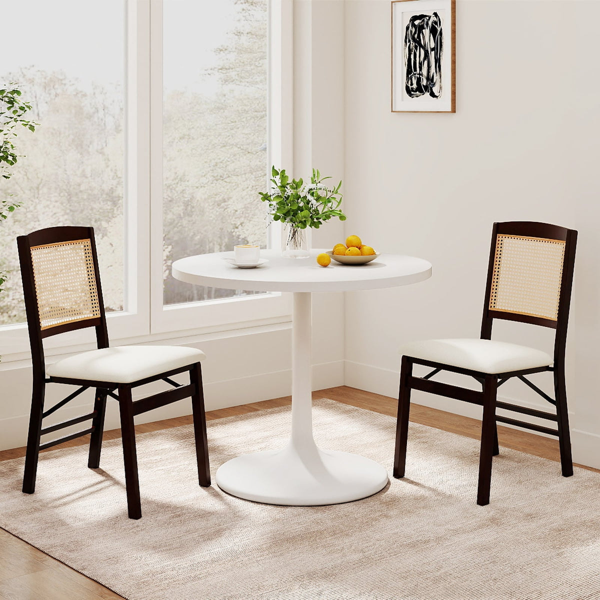 Folding Dining Chairs Set of 4 Rubber Wood Chairs with Linen Padded Seat-Coffee-Dining Chairs-DECOROLALA