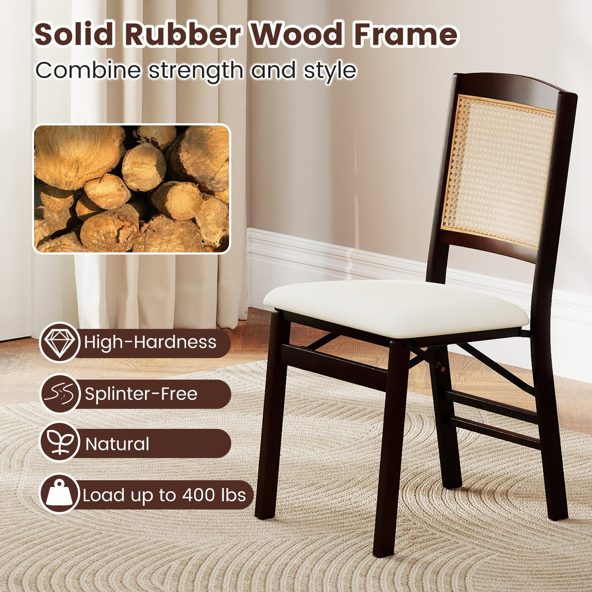 Folding Dining Chairs Set of 4 Rubber Wood Chairs with Linen Padded Seat-Coffee-Dining Chairs-DECOROLALA