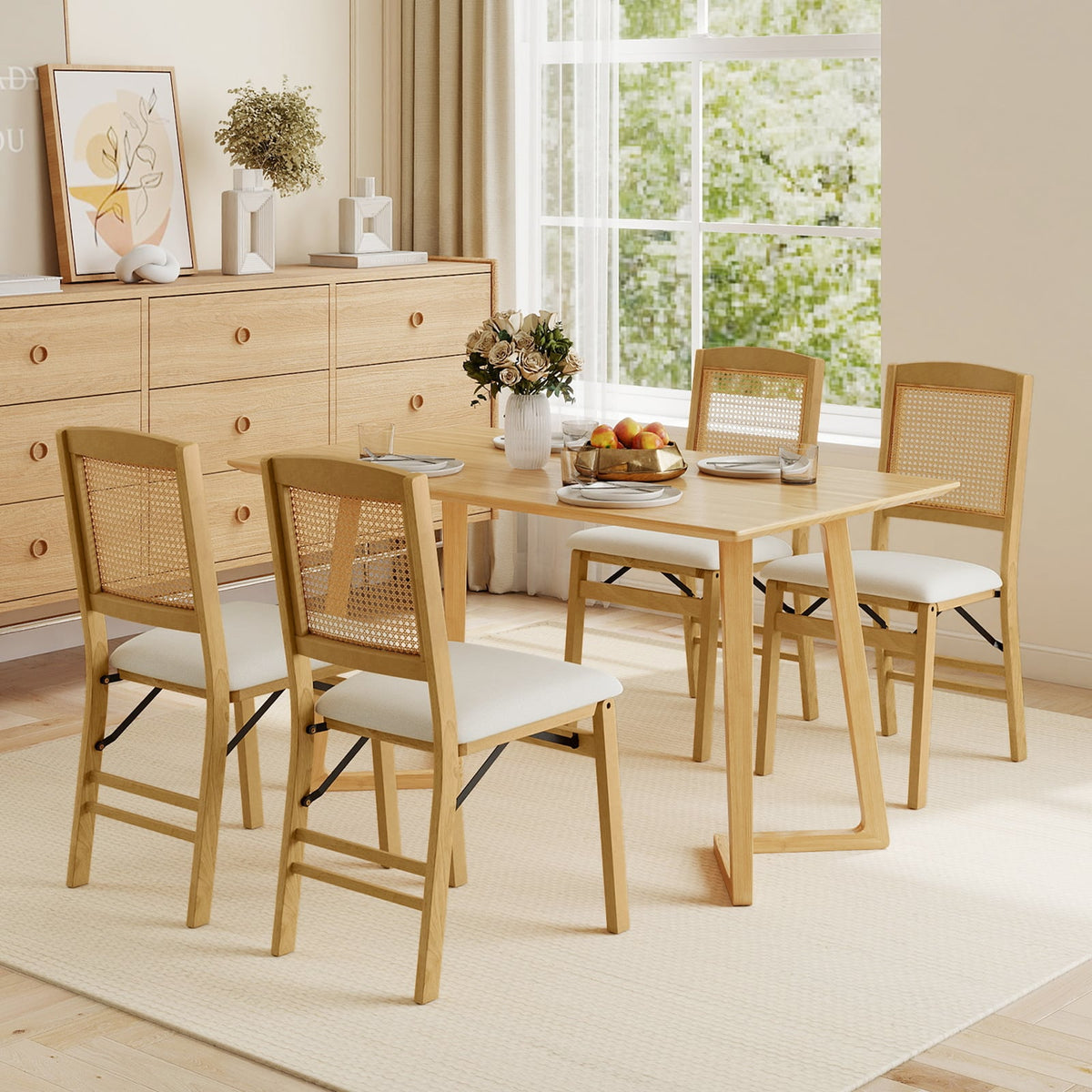 Folding Dining Chairs Set of 4 Rubber Wood Chairs with Linen Padded Seat-Natural-Dining Chairs-DECOROLALA