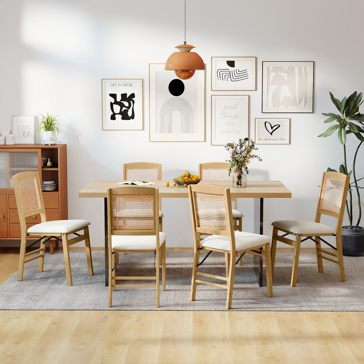 Folding Dining Chairs Set of 4 Rubber Wood Chairs with Linen Padded Seat-Natural-Dining Chairs-DECOROLALA