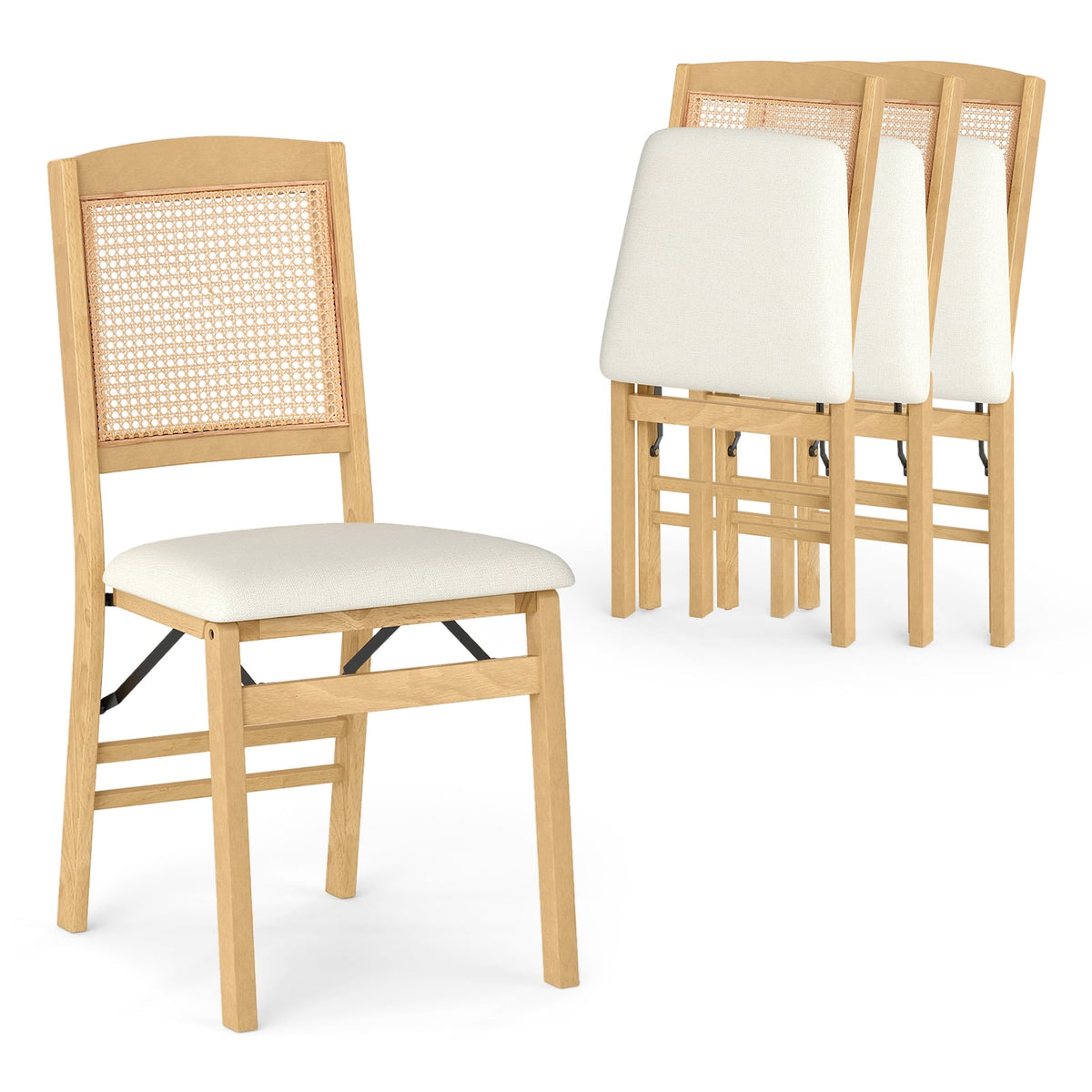 Folding Dining Chairs Set of 4 Rubber Wood Chairs with Linen Padded Seat-Natural-Dining Chairs-DECOROLALA
