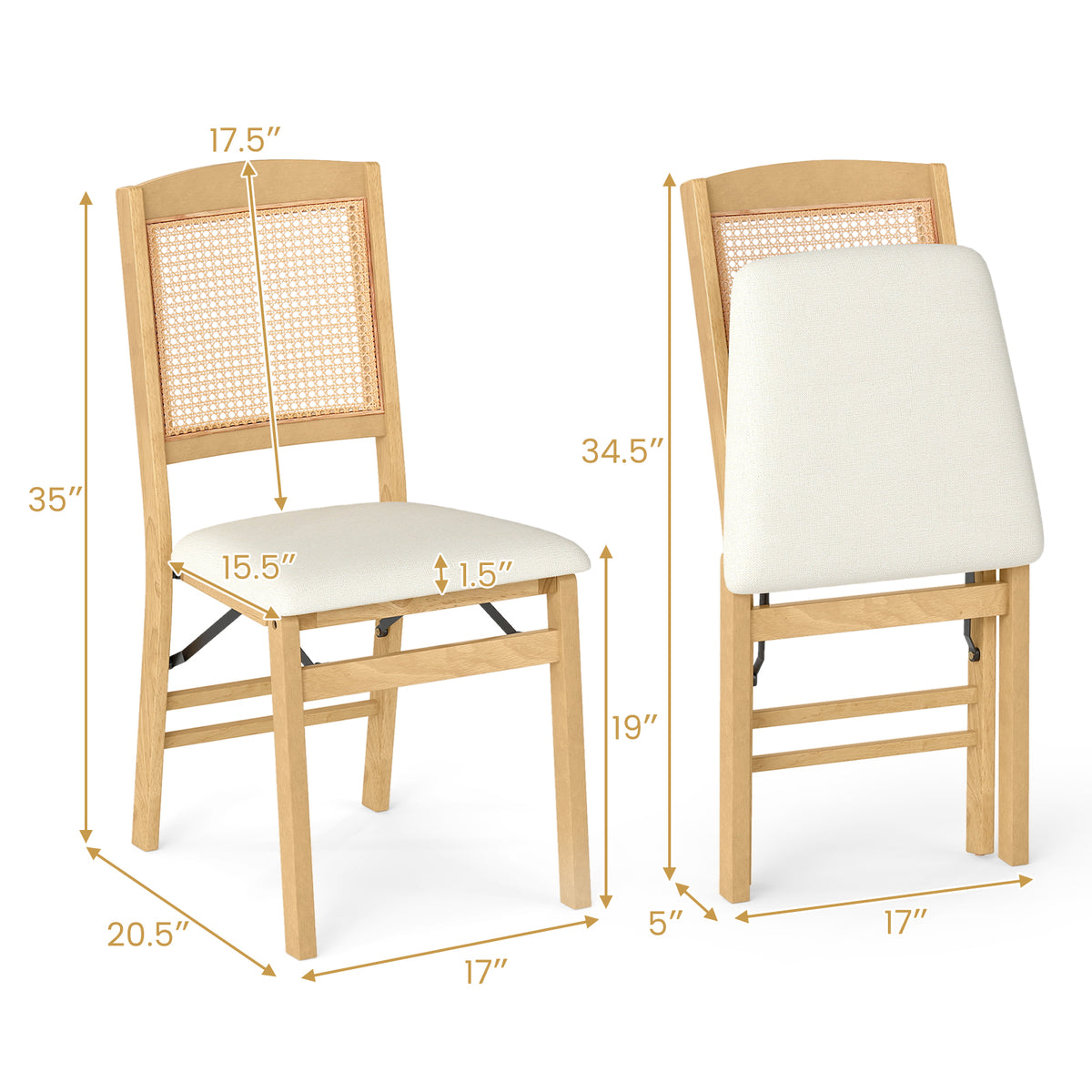 Folding Dining Chairs Set of 4 Rubber Wood Chairs with Linen Padded Seat-Natural-Dining Chairs-DECOROLALA