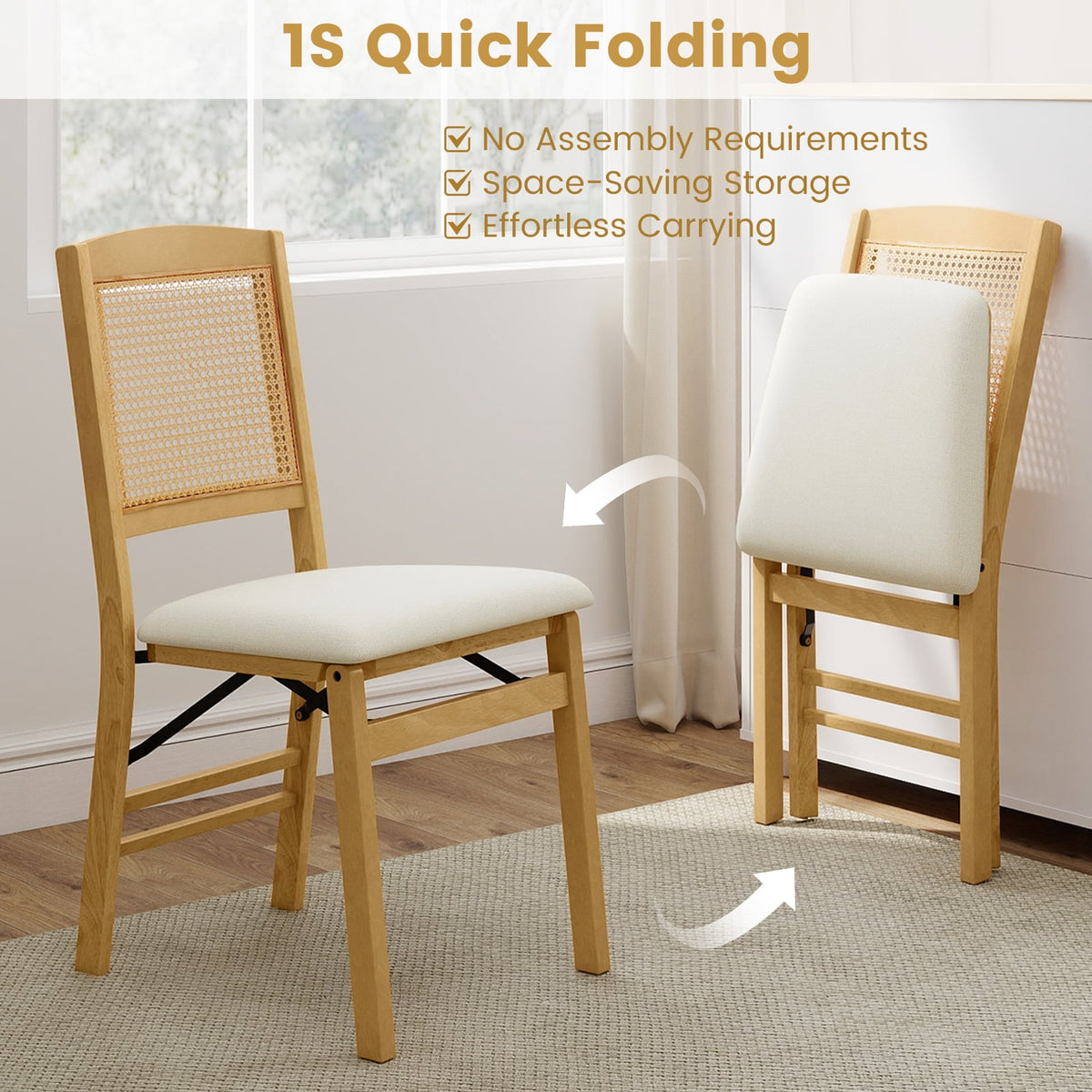 Folding Dining Chairs Set of 4 Rubber Wood Chairs with Linen Padded Seat-Natural-Dining Chairs-DECOROLALA