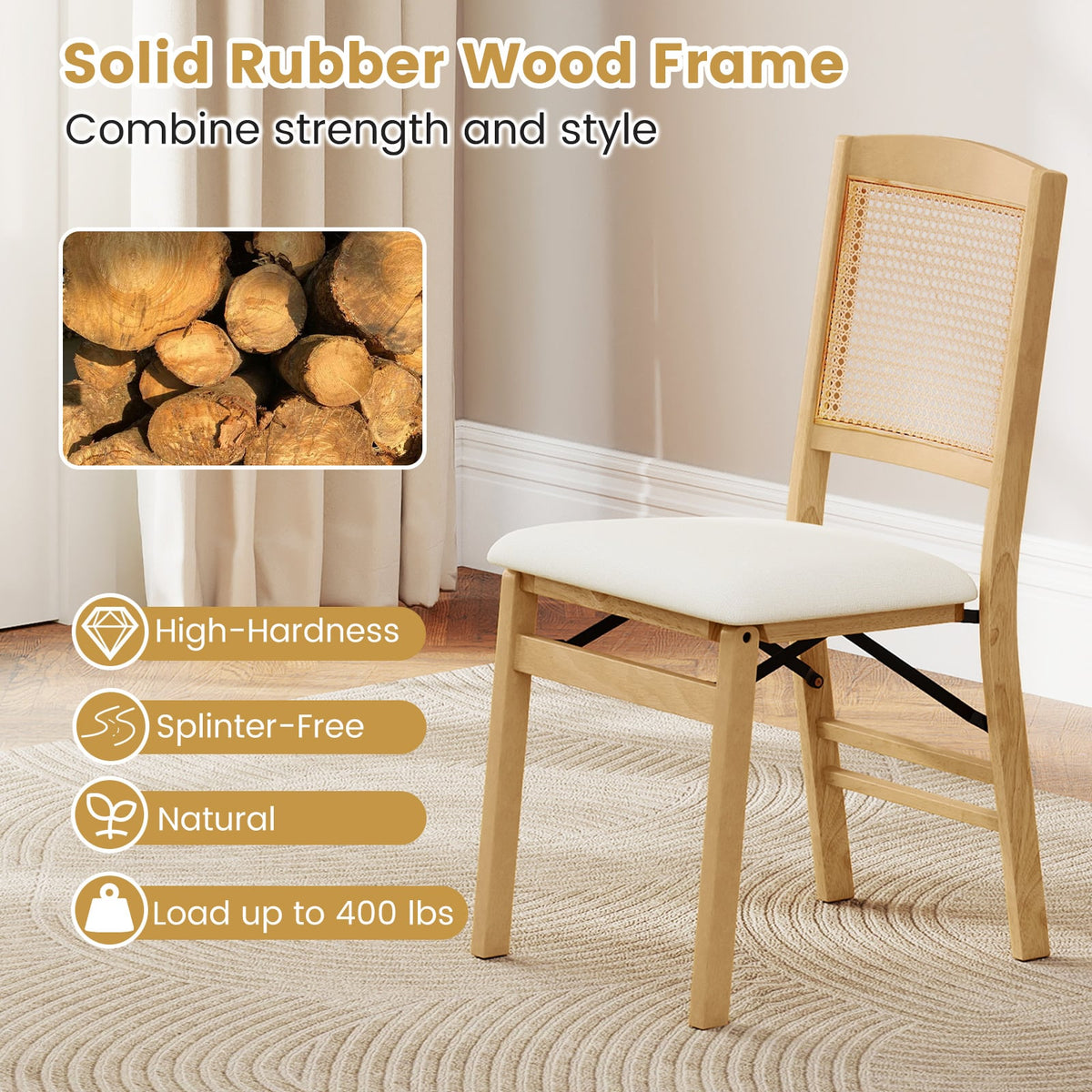 Folding Dining Chairs Set of 4 Rubber Wood Chairs with Linen Padded Seat-Natural-Dining Chairs-DECOROLALA