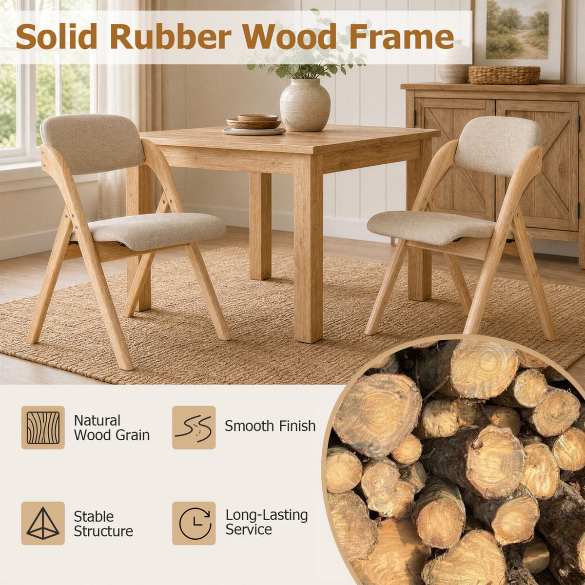 Folding Dining Chairs Set of 4 with Cushion-Beige-Dining Chairs-DECOROLALA
