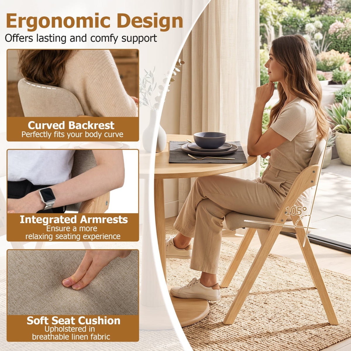 Folding Dining Chairs Set of 4 with Cushion-Beige-Dining Chairs-DECOROLALA