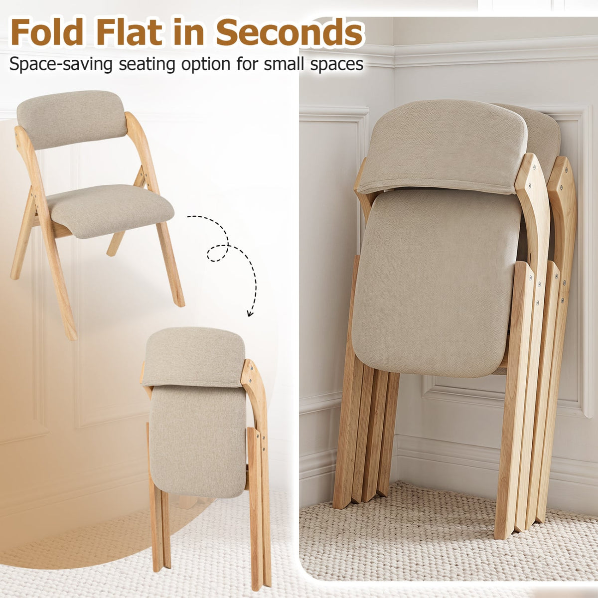 Folding Dining Chairs Set of 4 with Cushion-Beige-Dining Chairs-DECOROLALA