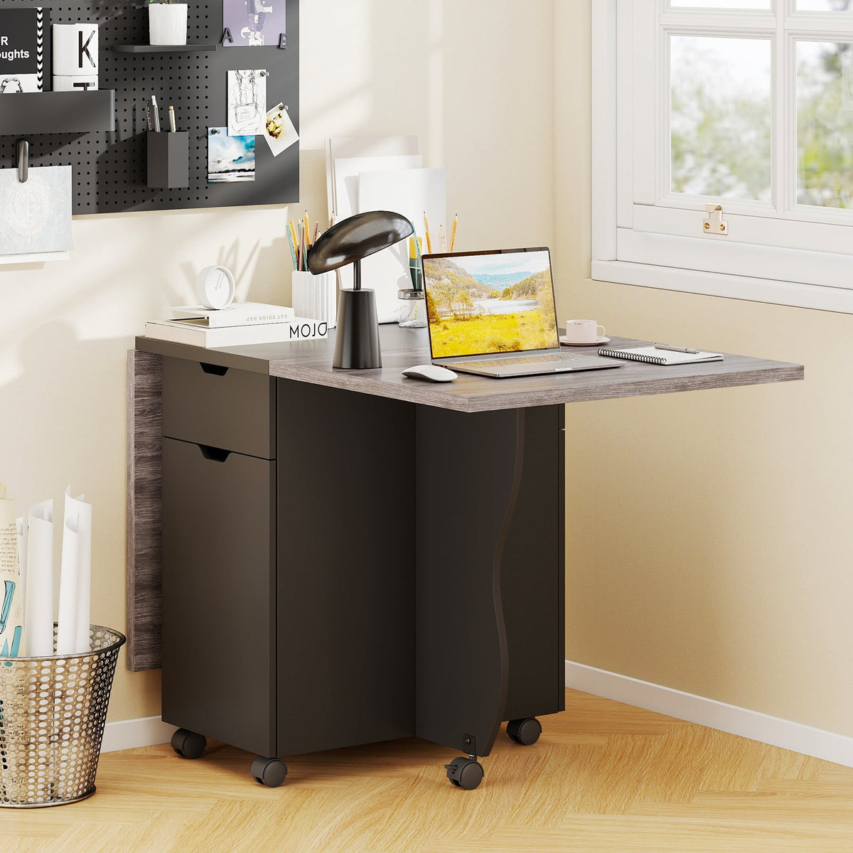 Folding Dining Table 3-in-1 Space-Saving Drop Leaf Kitchen Table with Lockable Wheels-Black-Dining Tables-DECOROLALA