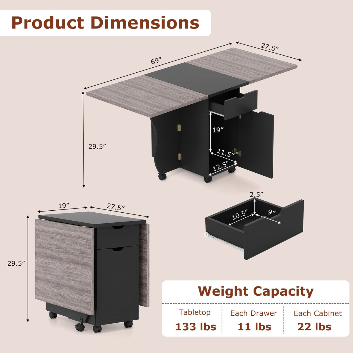 Folding Dining Table 3-in-1 Space-Saving Drop Leaf Kitchen Table with Lockable Wheels-Black-Dining Tables-DECOROLALA