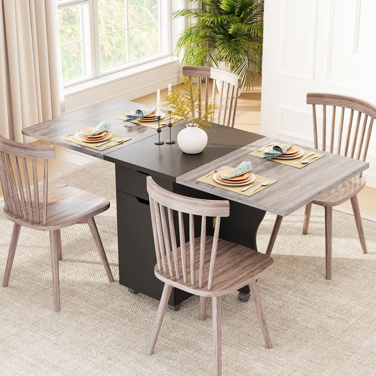 Folding Dining Table 3-in-1 Space-Saving Drop Leaf Kitchen Table with Lockable Wheels-Black-Dining Tables-DECOROLALA