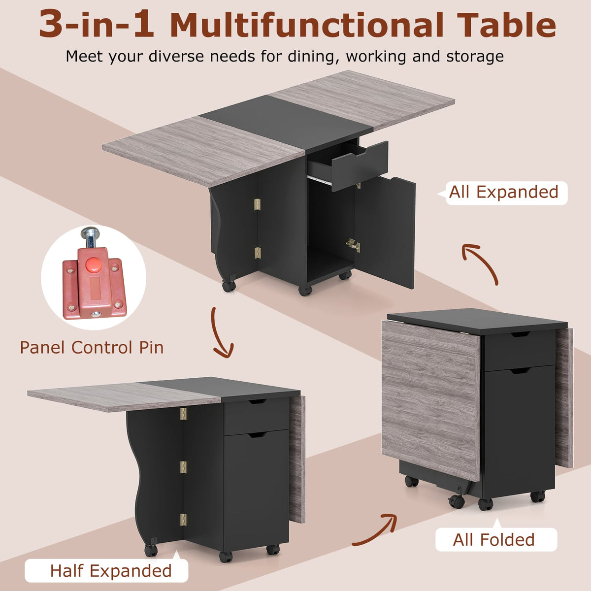 Folding Dining Table 3-in-1 Space-Saving Drop Leaf Kitchen Table with Lockable Wheels-Black-Dining Tables-DECOROLALA