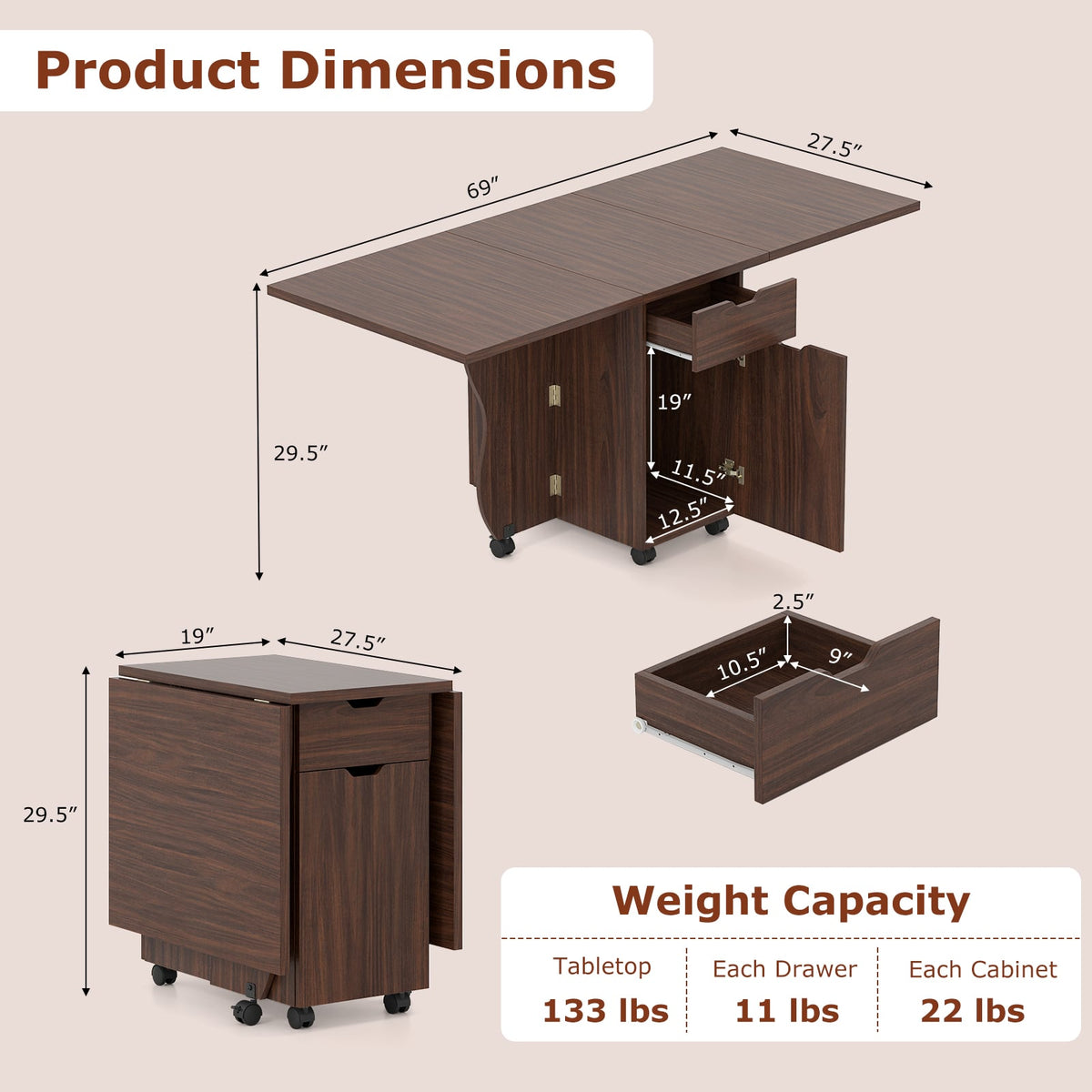 Folding Dining Table 3-in-1 Space-Saving Drop Leaf Kitchen Table with Lockable Wheels-Walnut-Dining Tables-DECOROLALA