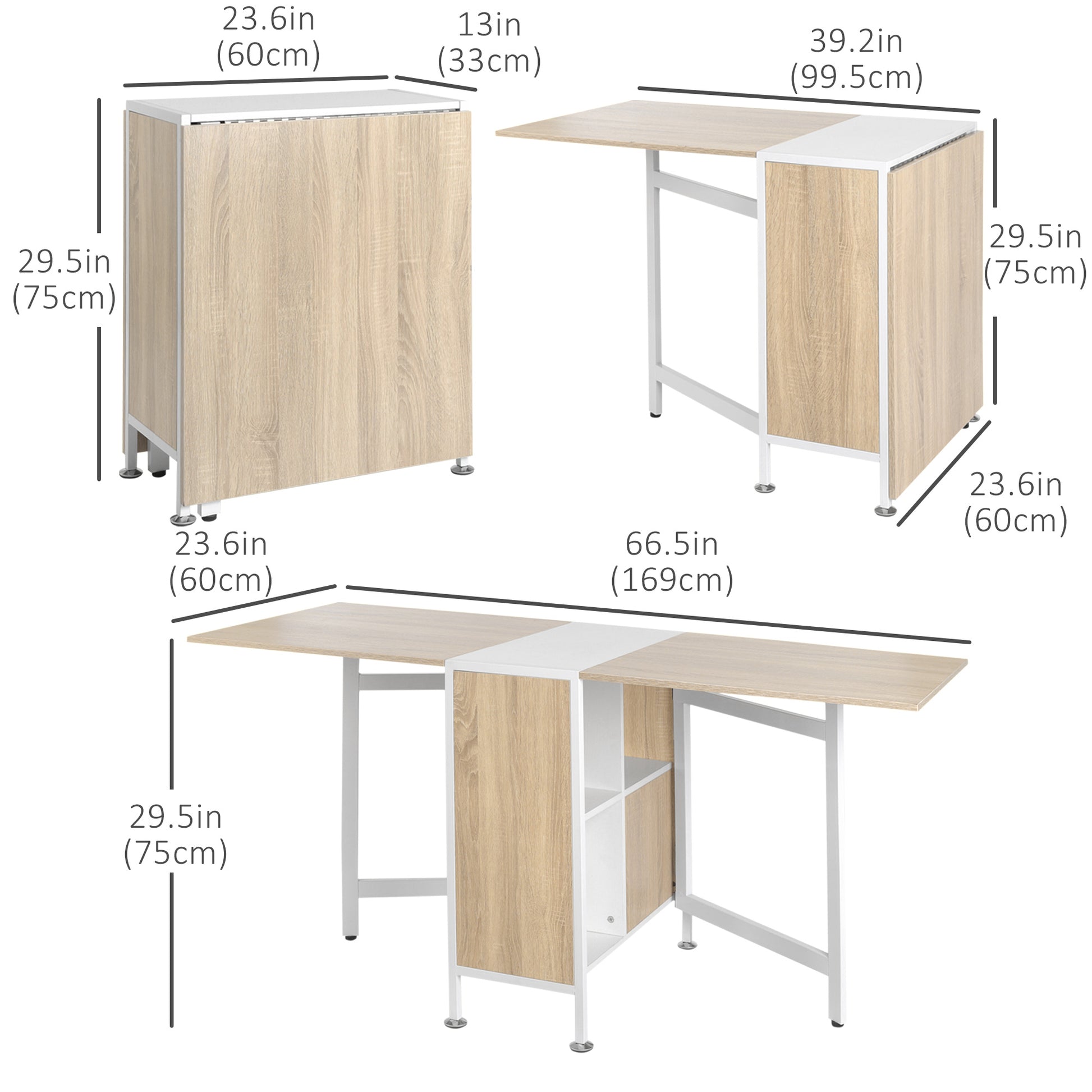 Folding Dining Table with Shelves - Oak and White 66.5"-DECOROLALA