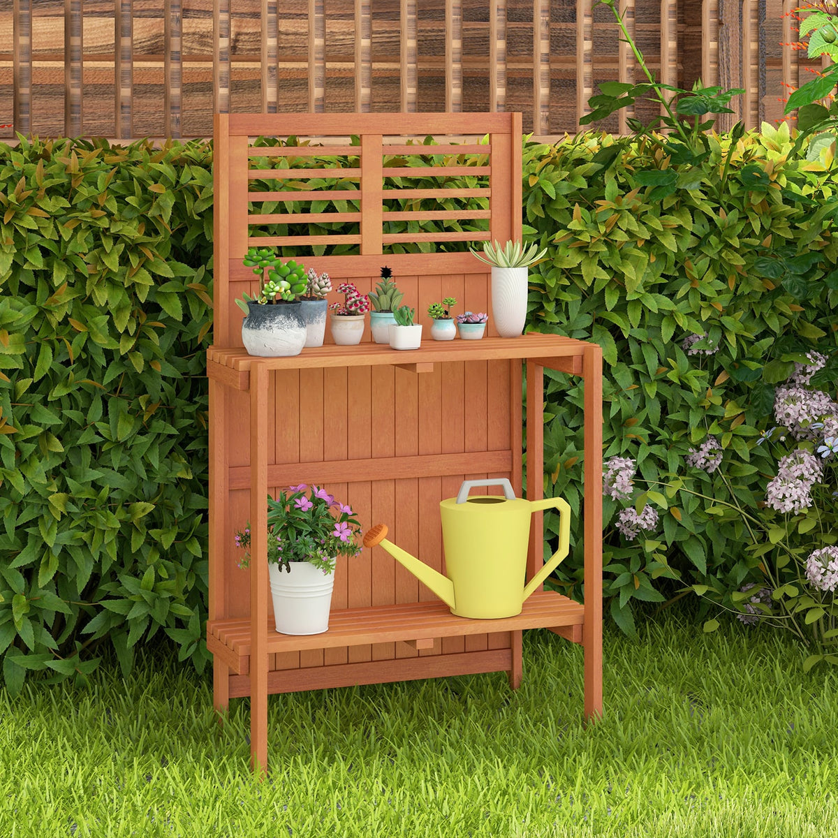 Folding Garden Potting Bench with 2-tier Storage Shelves and Teak Oil Finish for Garden Yard Balcony-Potting Benches & Tables-DECOROLALA