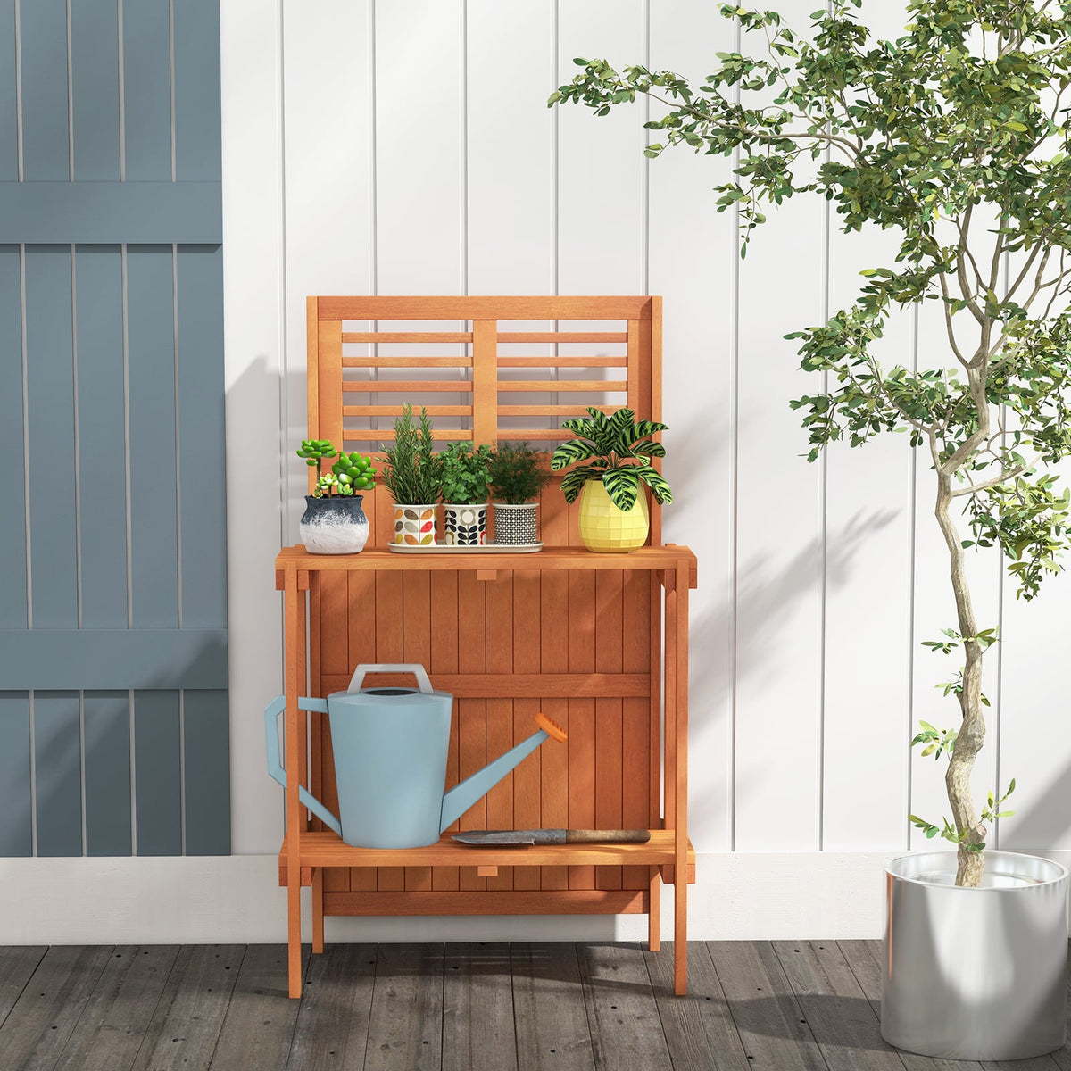 Folding Garden Potting Bench with 2-tier Storage Shelves and Teak Oil Finish for Garden Yard Balcony-Potting Benches & Tables-DECOROLALA