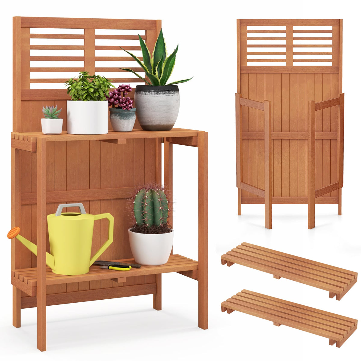 Folding Garden Potting Bench with 2-tier Storage Shelves and Teak Oil Finish for Garden Yard Balcony-Potting Benches & Tables-DECOROLALA