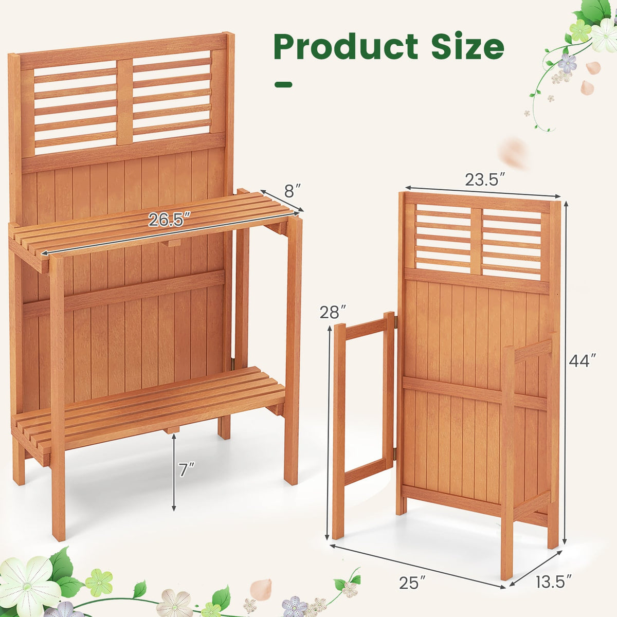 Folding Garden Potting Bench with 2-tier Storage Shelves and Teak Oil Finish for Garden Yard Balcony-Potting Benches & Tables-DECOROLALA
