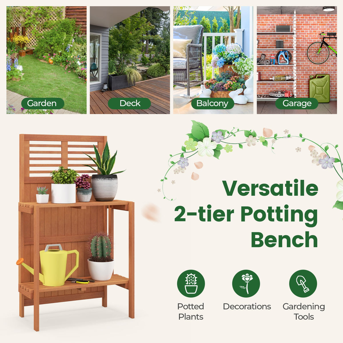 Folding Garden Potting Bench with 2-tier Storage Shelves and Teak Oil Finish for Garden Yard Balcony-Potting Benches & Tables-DECOROLALA