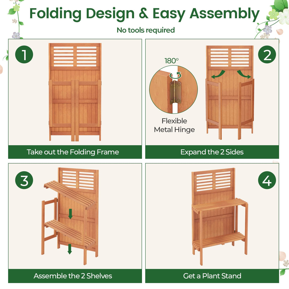 Folding Garden Potting Bench with 2-tier Storage Shelves and Teak Oil Finish for Garden Yard Balcony-Potting Benches & Tables-DECOROLALA