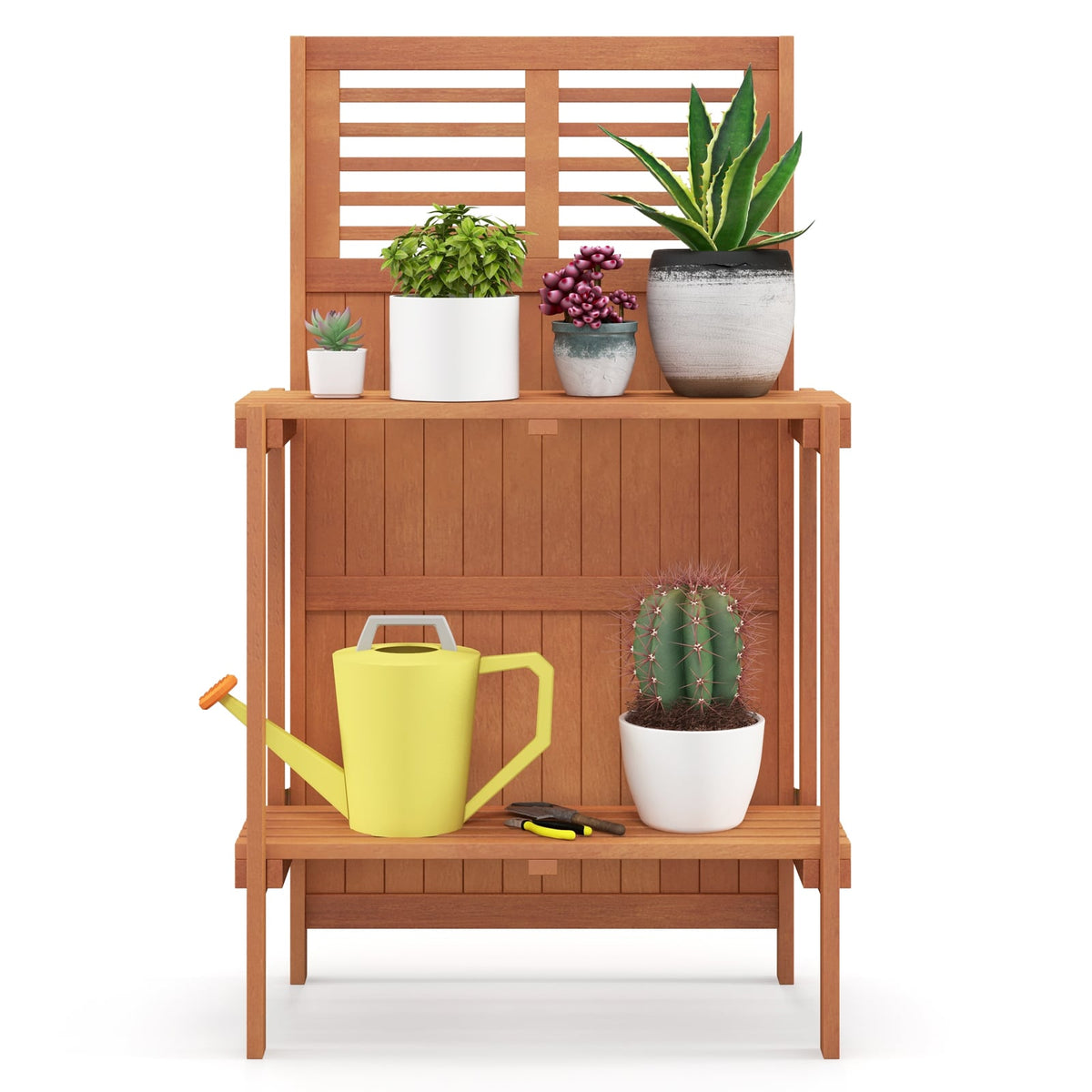 Folding Garden Potting Bench with 2-tier Storage Shelves and Teak Oil Finish for Garden Yard Balcony-Potting Benches & Tables-DECOROLALA