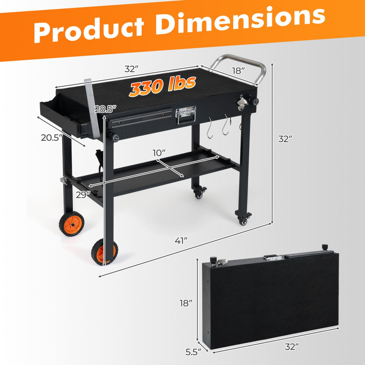 Folding Grill Cart for 17 and 22 Inch Griddles with Heat-Resistant Mat-Outdoor Grills-DECOROLALA