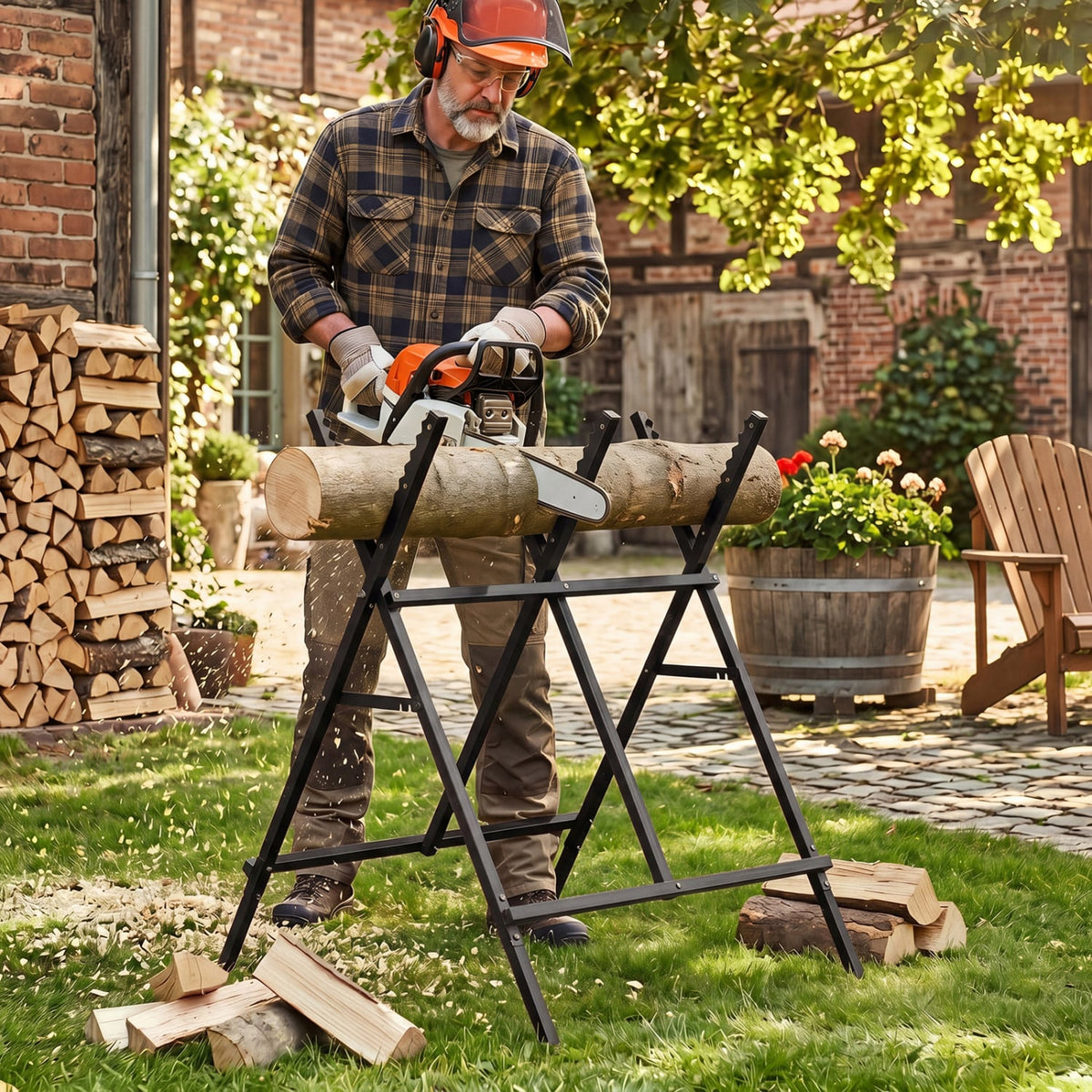 Folding Log Saw Horse with Anti-Slip Sawteeth and Non-Slip Foot Pads Heavy Duty-Black-Garages-DECOROLALA