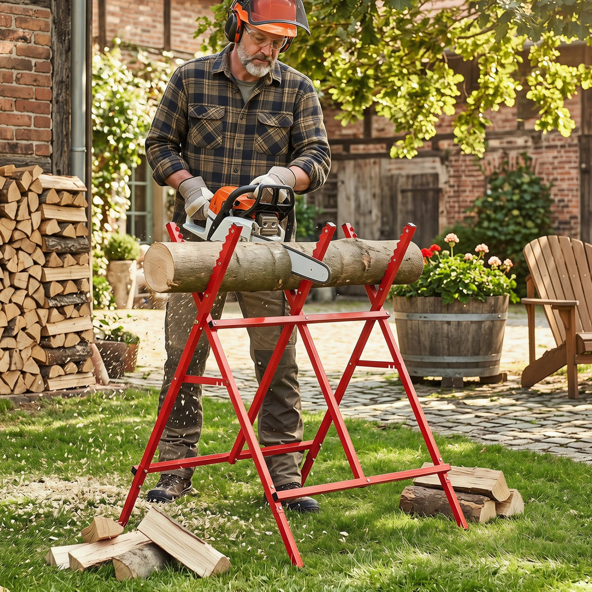 Folding Log Saw Horse with Anti-Slip Sawteeth and Non-Slip Foot Pads Heavy Duty-Red-Garages-DECOROLALA