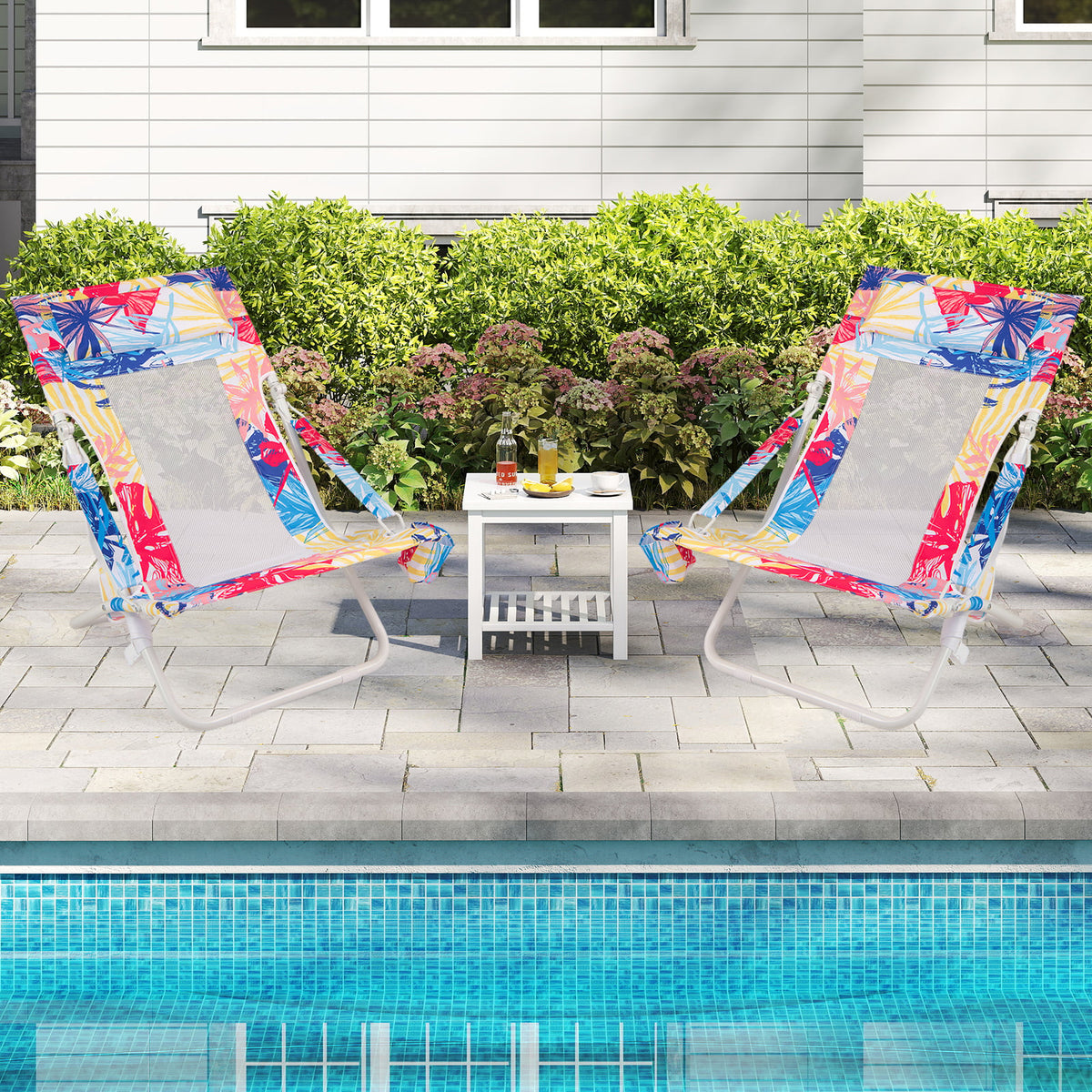 Folding Low Beach Chair Set of 2 Patio Sling Chairs with Padded Head Pillow-Pink-Outdoor Benches-DECOROLALA