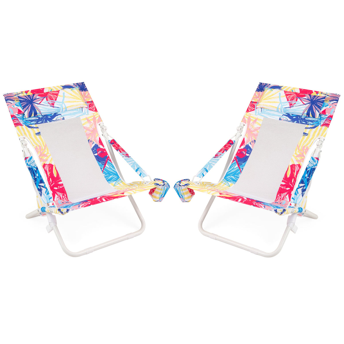 Folding Low Beach Chair Set of 2 Patio Sling Chairs with Padded Head Pillow-Pink-Outdoor Benches-DECOROLALA