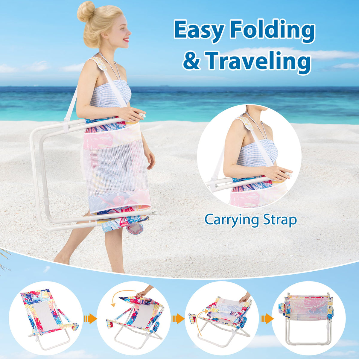Folding Low Beach Chair Set of 2 Patio Sling Chairs with Padded Head Pillow-Pink-Outdoor Benches-DECOROLALA