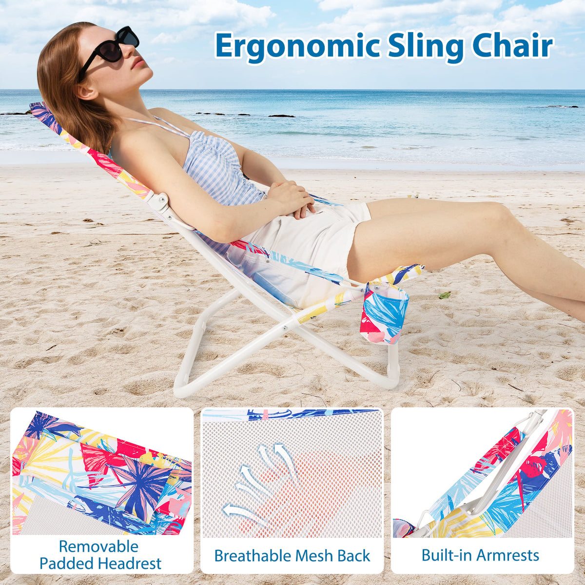 Folding Low Beach Chair Set of 2 Patio Sling Chairs with Padded Head Pillow-Pink-Outdoor Benches-DECOROLALA