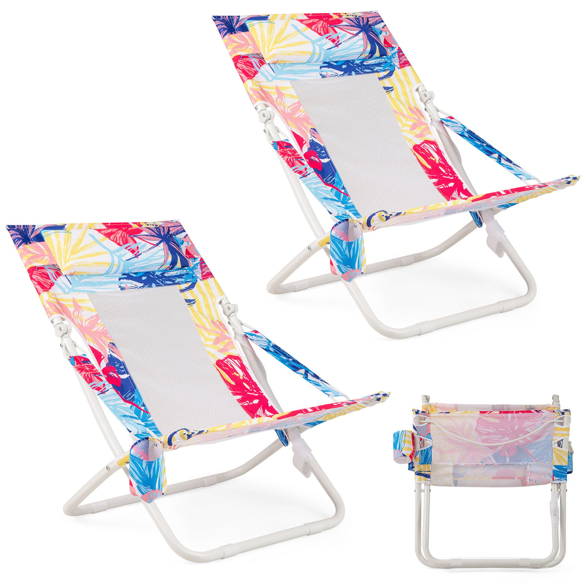 Folding Low Beach Chair Set of 2 Patio Sling Chairs with Padded Head Pillow-Pink-Outdoor Benches-DECOROLALA