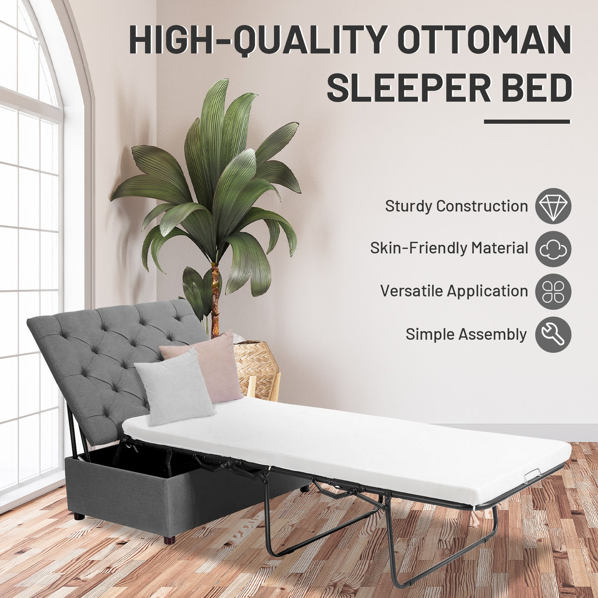 Folding Ottoman Sleeper Bed with Mattress for Guest Bed and Office Nap-Gray-Folding Beds-DECOROLALA