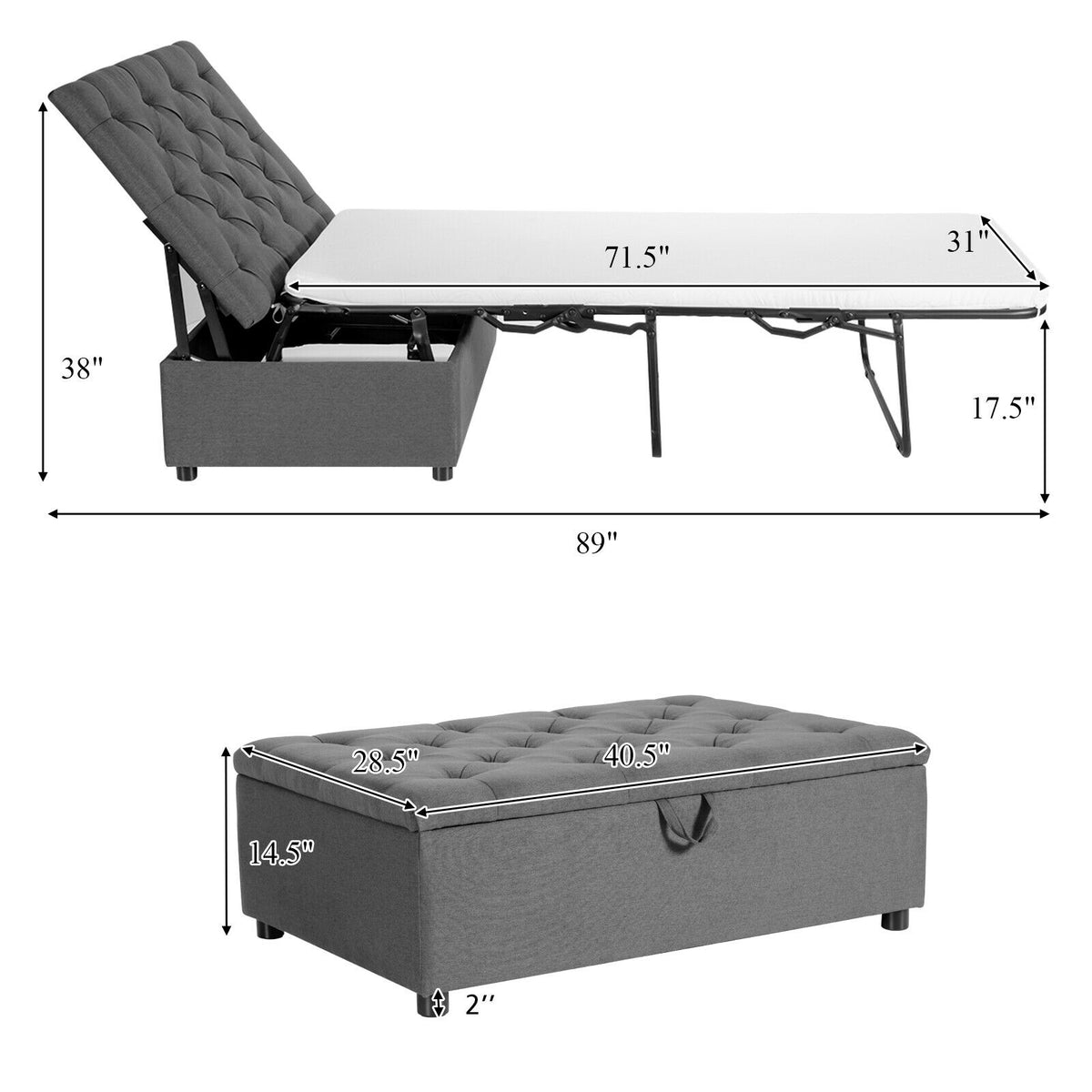 Folding Ottoman Sleeper Bed with Mattress for Guest Bed and Office Nap-Gray-Folding Beds-DECOROLALA