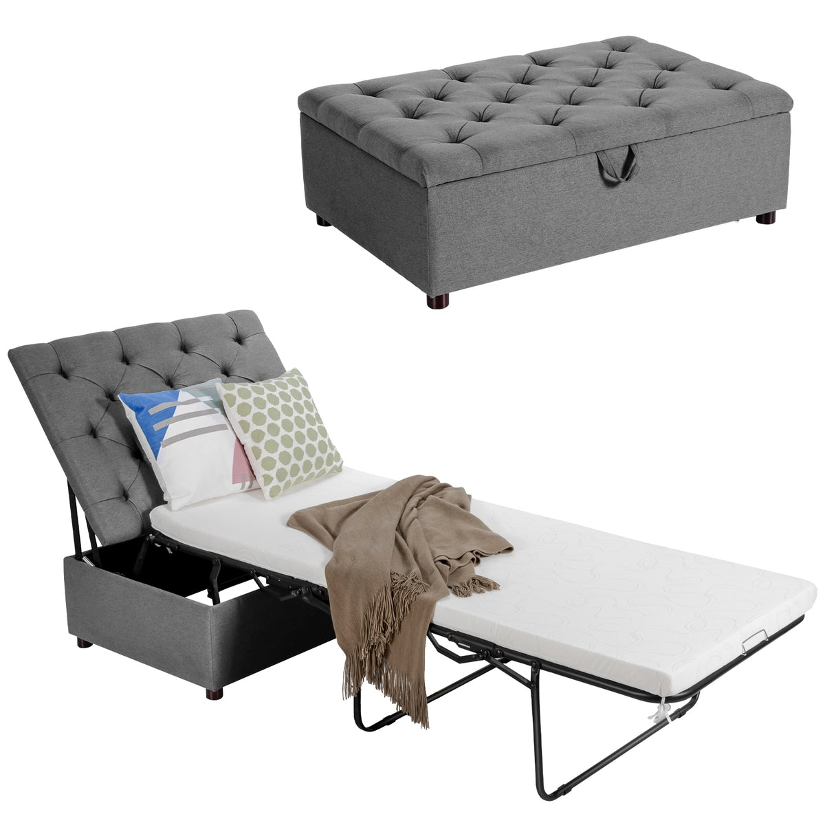 Folding Ottoman Sleeper Bed with Mattress for Guest Bed and Office Nap-Gray-Folding Beds-DECOROLALA