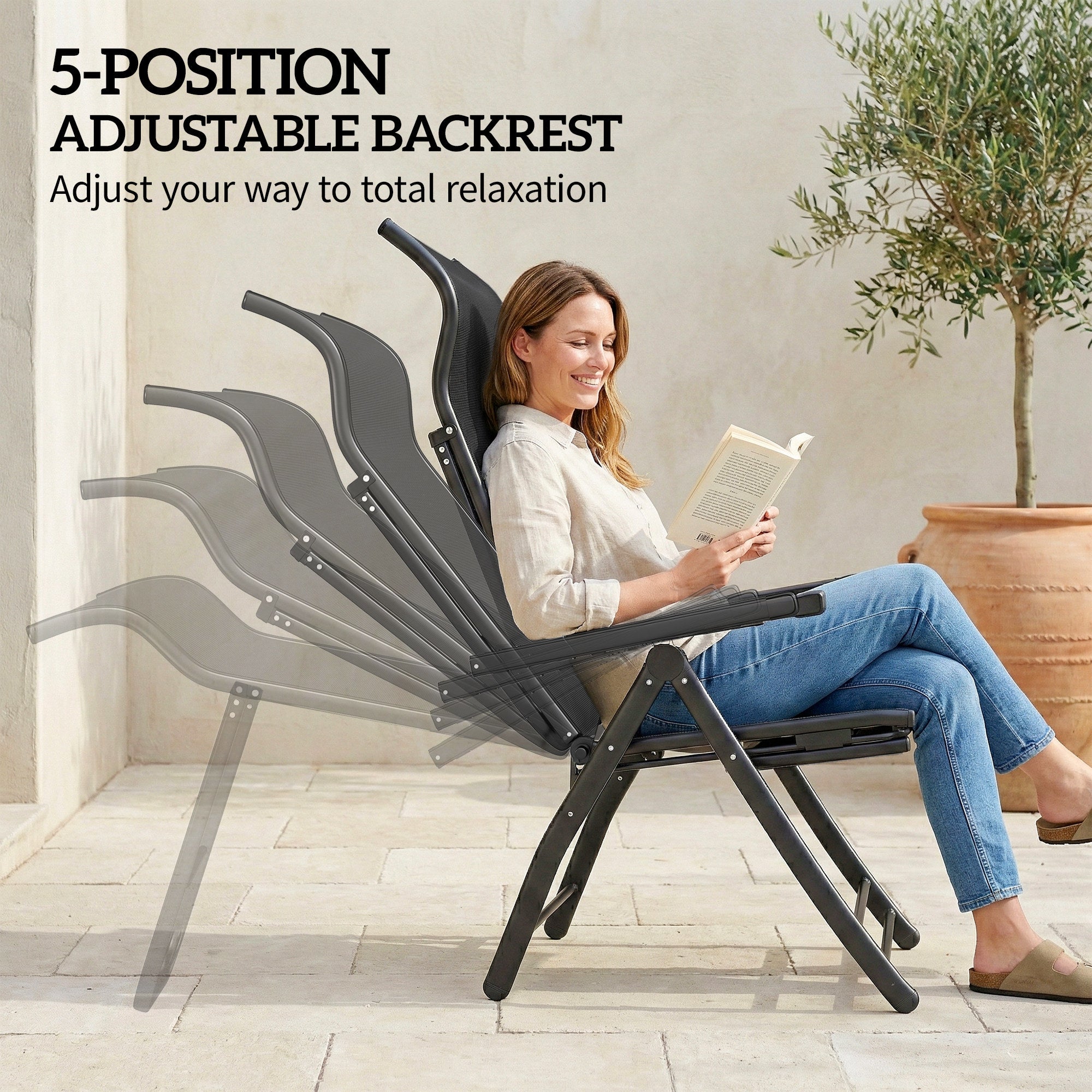 Folding Patio Chairs Set of 2 - Black 5-Position-DECOROLALA