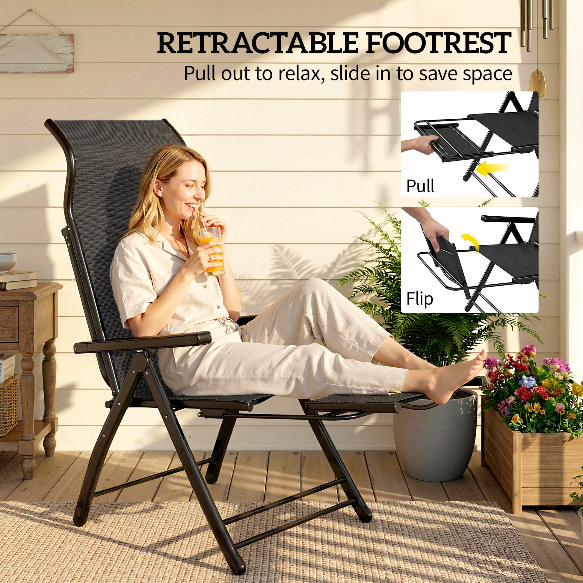 Folding Patio Chairs Set of 2 - Black 5-Position-DECOROLALA