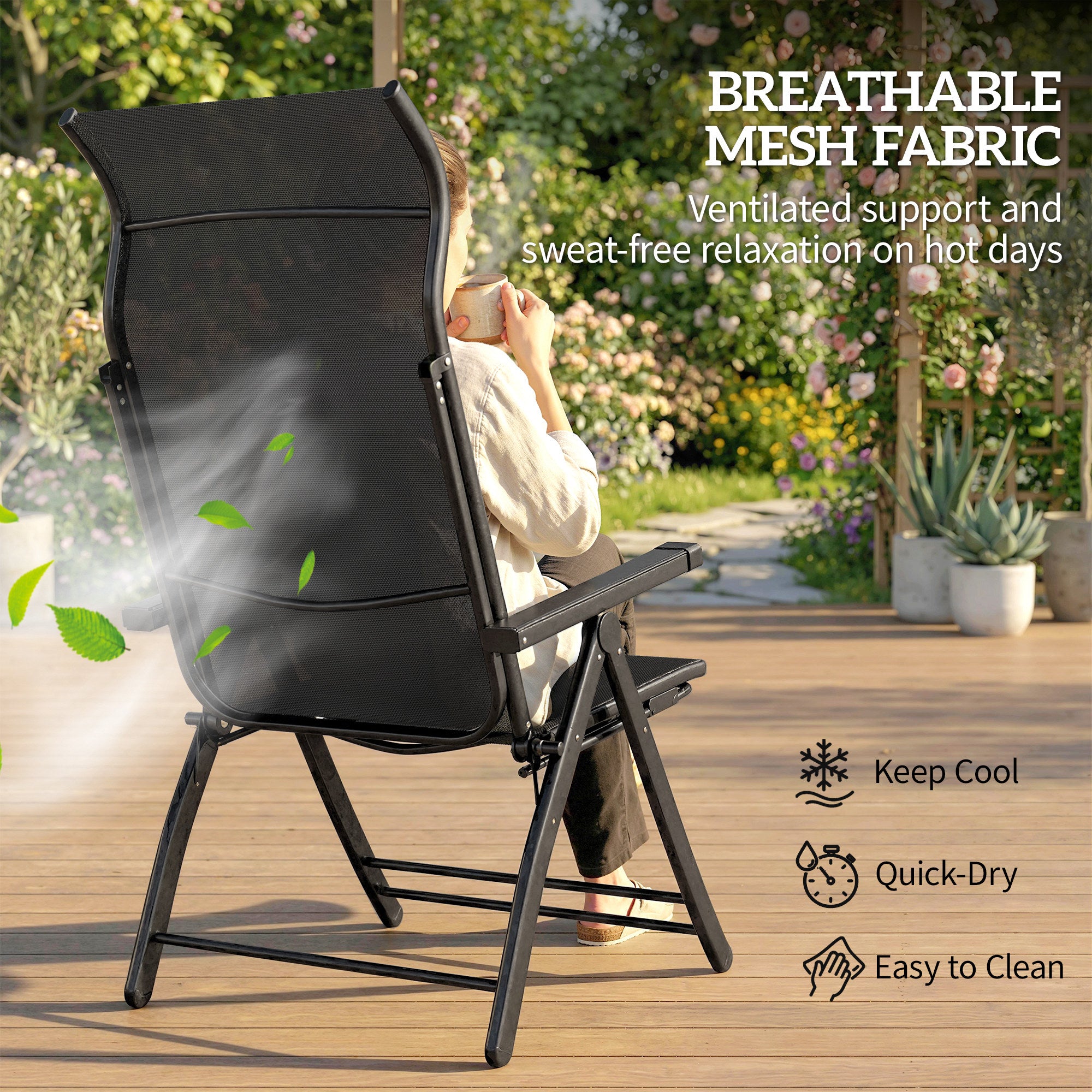 Folding Patio Chairs Set of 2 - Black 5-Position-DECOROLALA