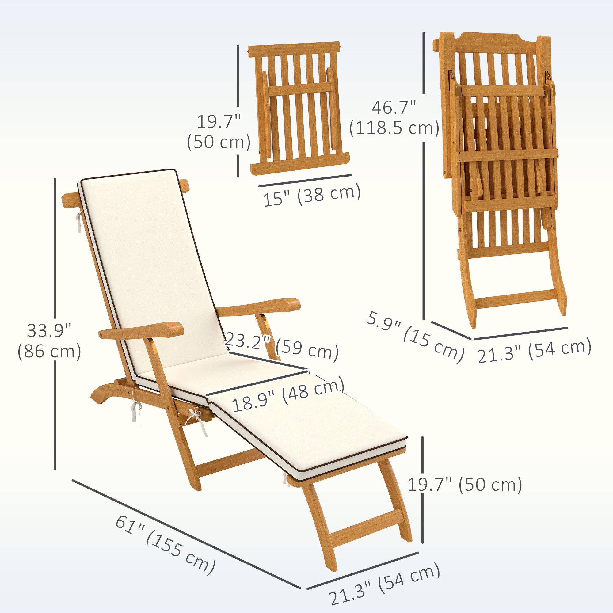 Folding Patio Lounge Chair, Acacia Wood Recliner with Footrest, White Padded Cushion-DECOROLALA