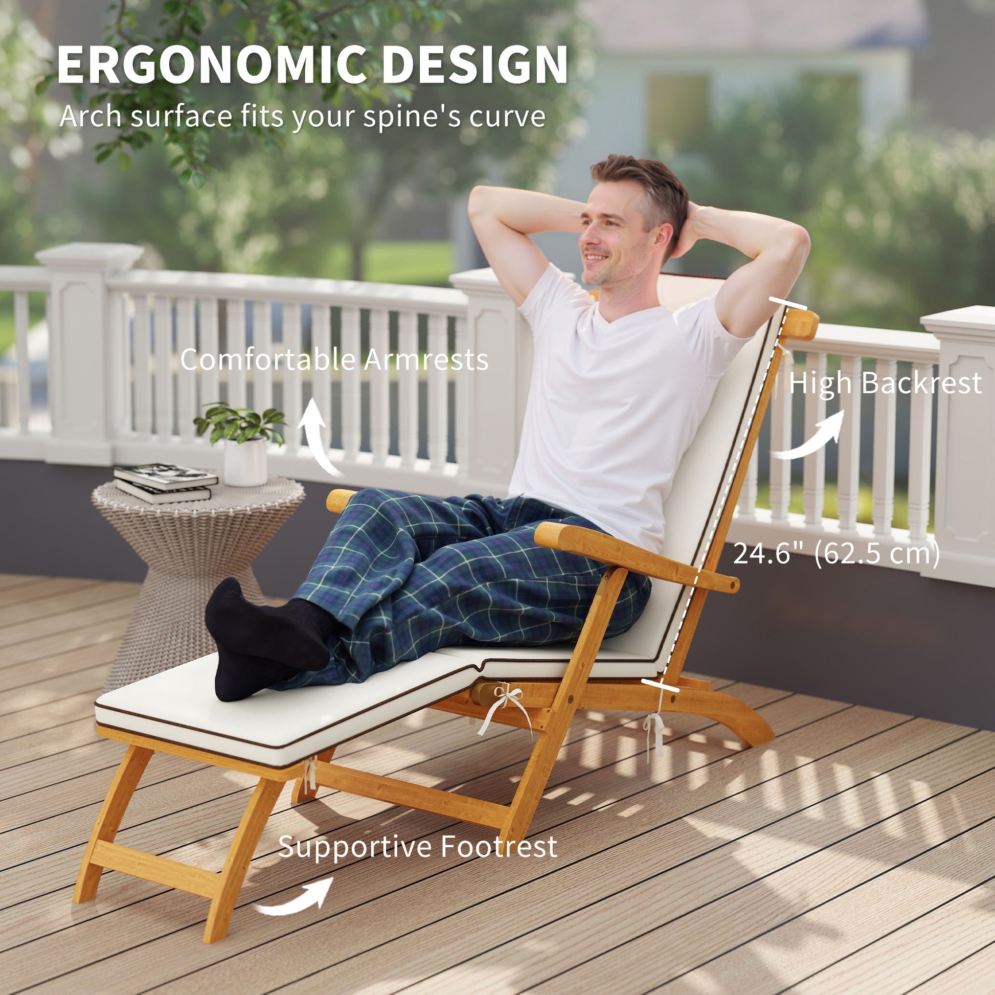 Folding Patio Lounge Chair, Acacia Wood Recliner with Footrest, White Padded Cushion-DECOROLALA