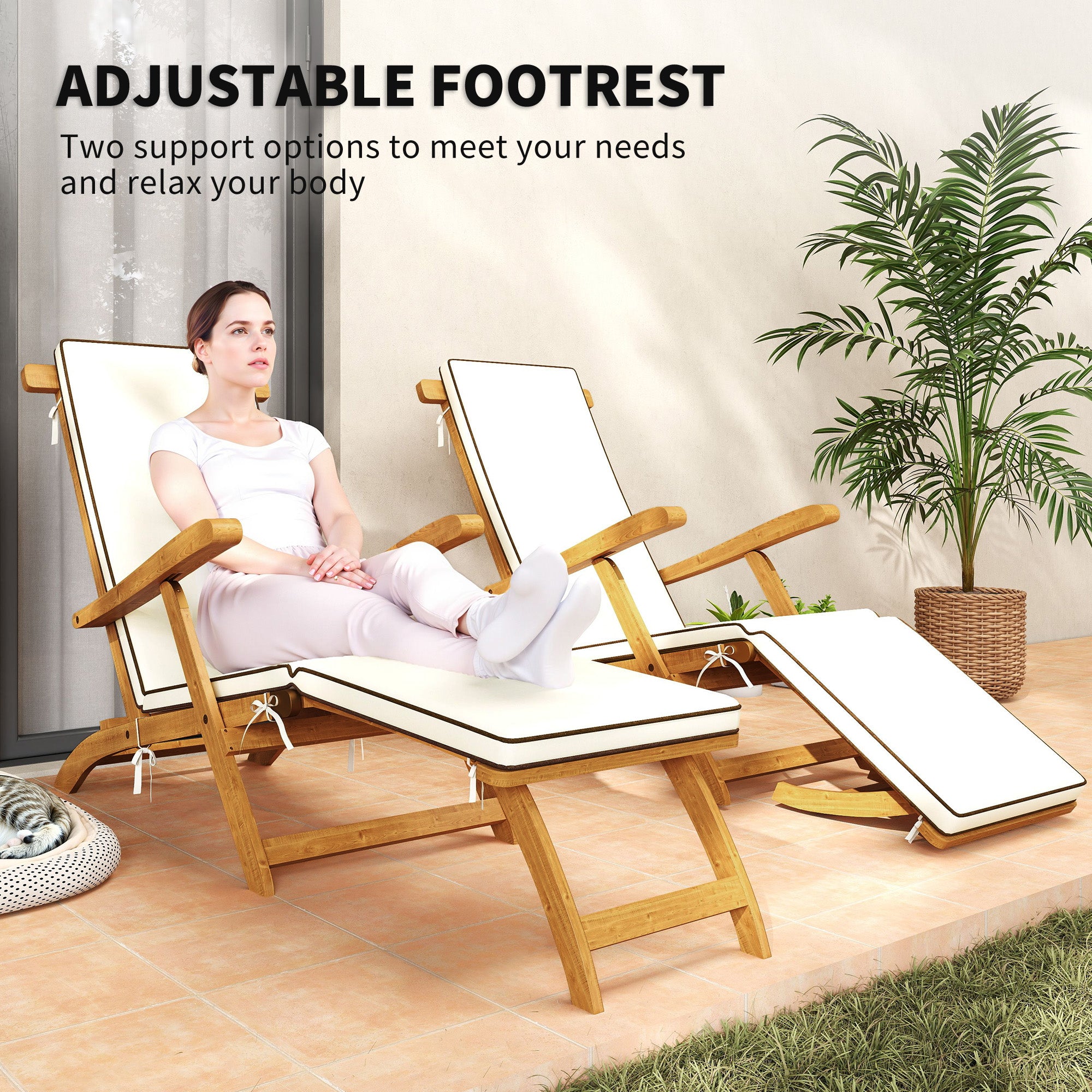 Folding Patio Lounge Chair, Acacia Wood Recliner with Footrest, White Padded Cushion-DECOROLALA