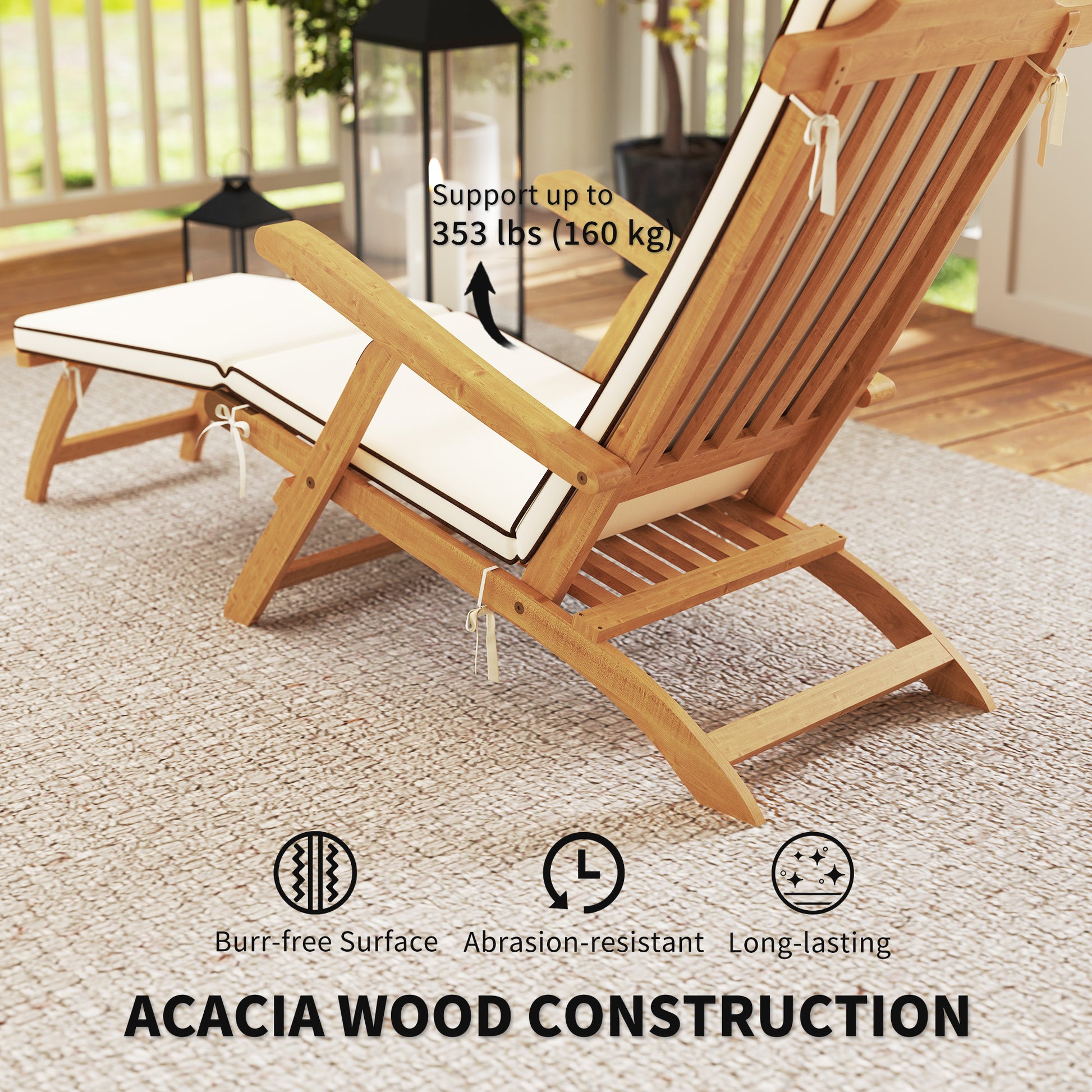 Folding Patio Lounge Chair, Acacia Wood Recliner with Footrest, White Padded Cushion-DECOROLALA