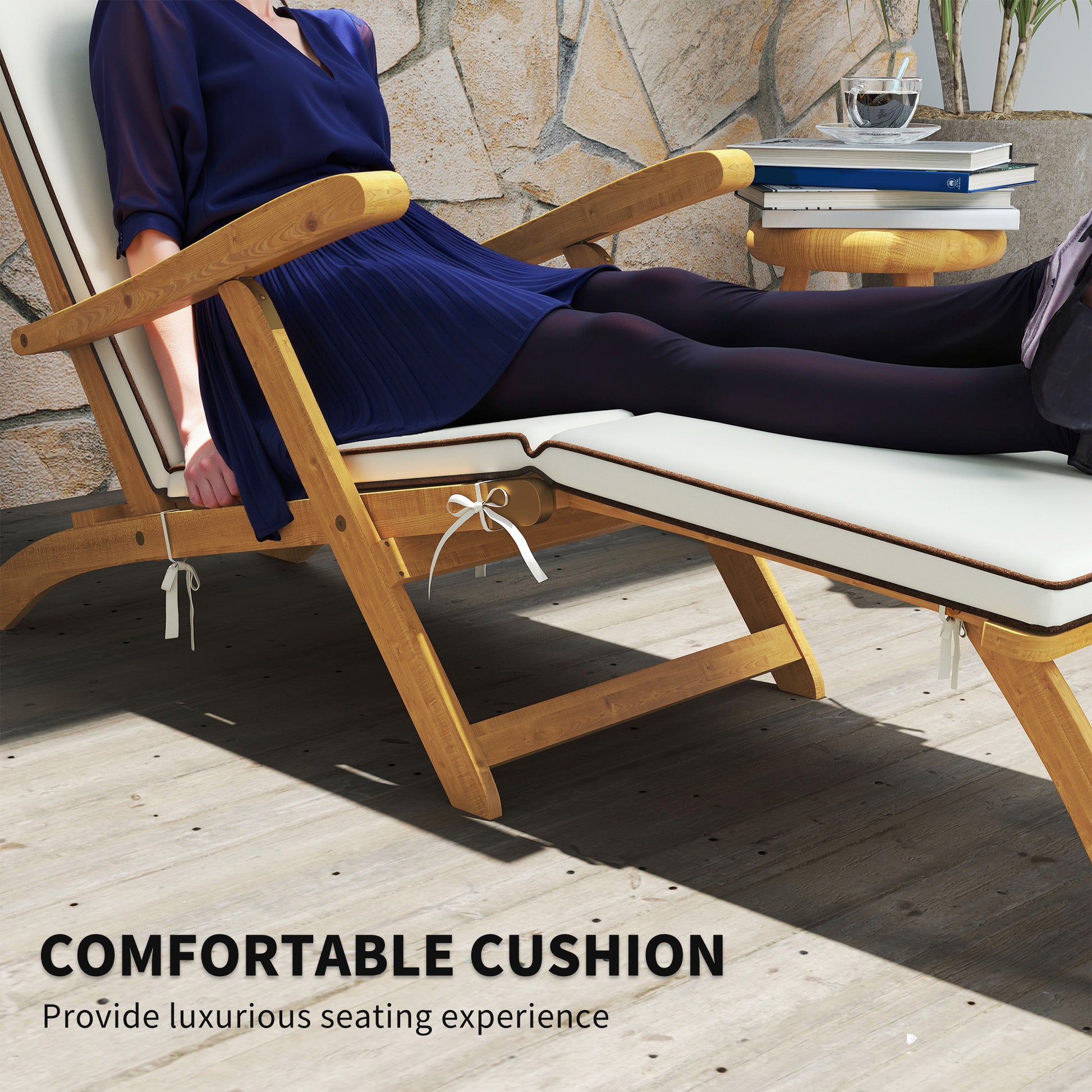 Folding Patio Lounge Chair, Acacia Wood Recliner with Footrest, White Padded Cushion-DECOROLALA