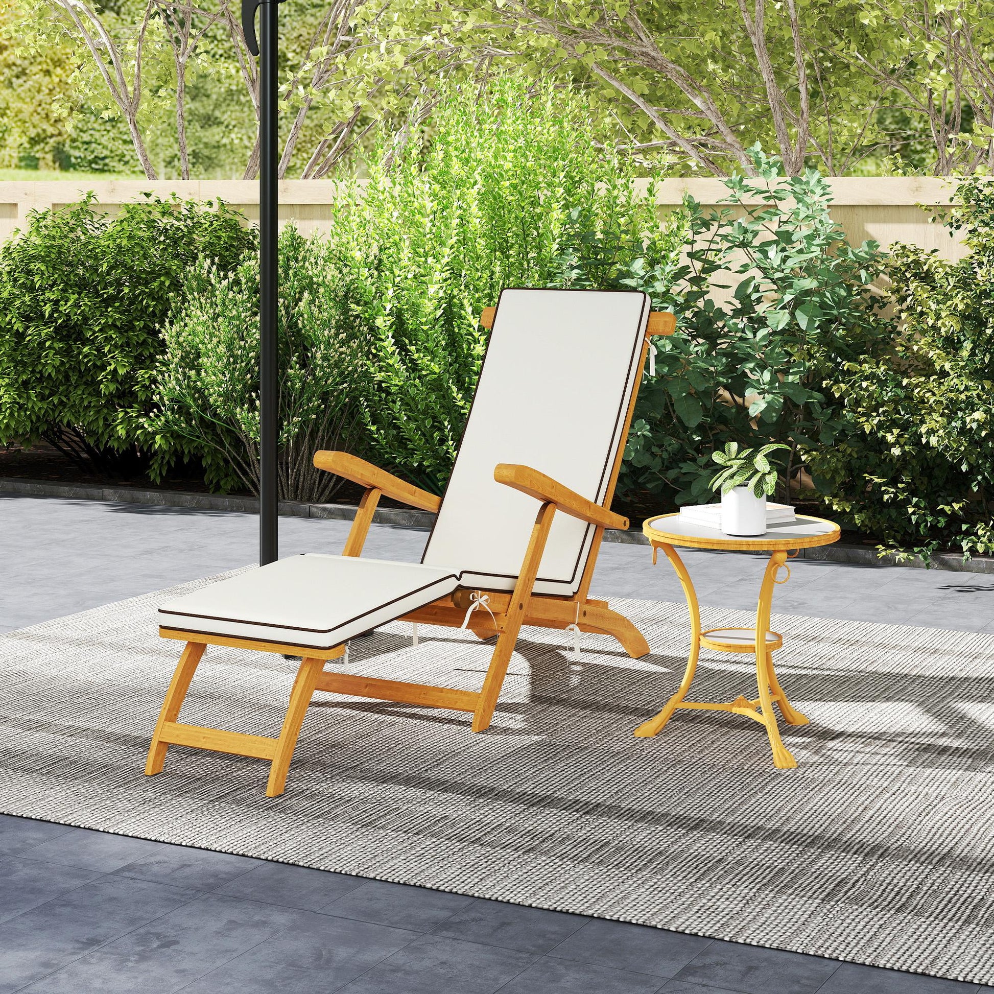 Folding Patio Lounge Chair, Acacia Wood Recliner with Footrest, White Padded Cushion-DECOROLALA