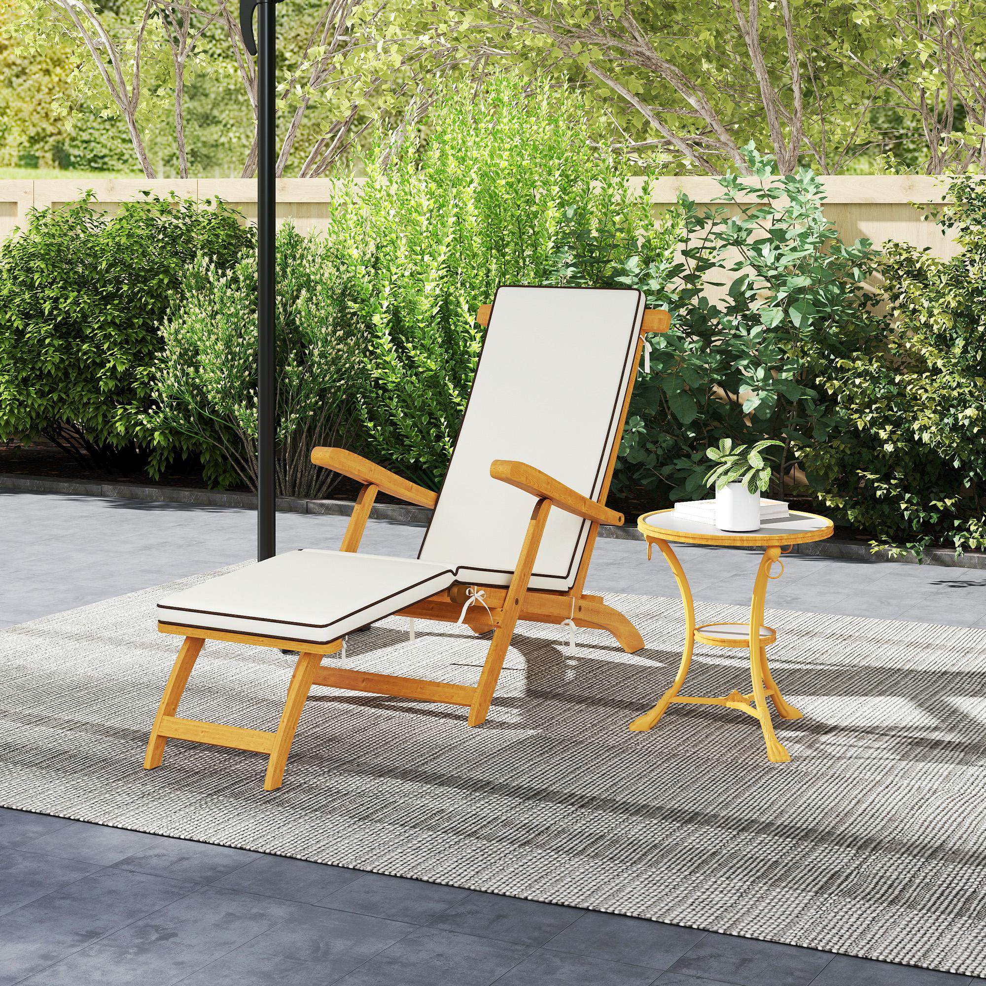 Folding Patio Lounge Chair, Acacia Wood Recliner with Footrest, White Padded Cushion-DECOROLALA