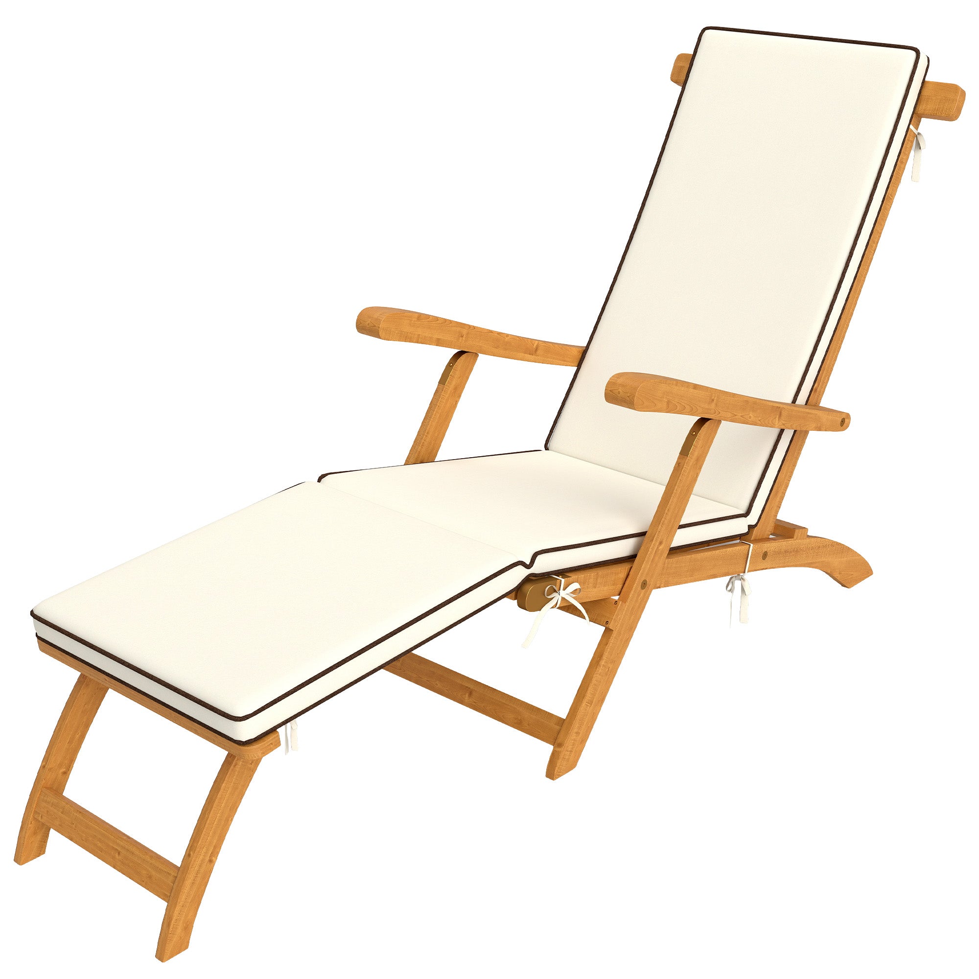 Folding Patio Lounge Chair, Acacia Wood Recliner with Footrest, White Padded Cushion-DECOROLALA
